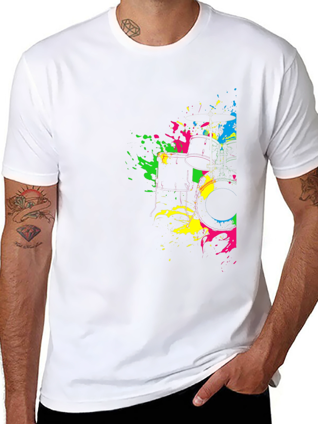 Neon Splatter Drum Kit Graphic Black T-Shirt