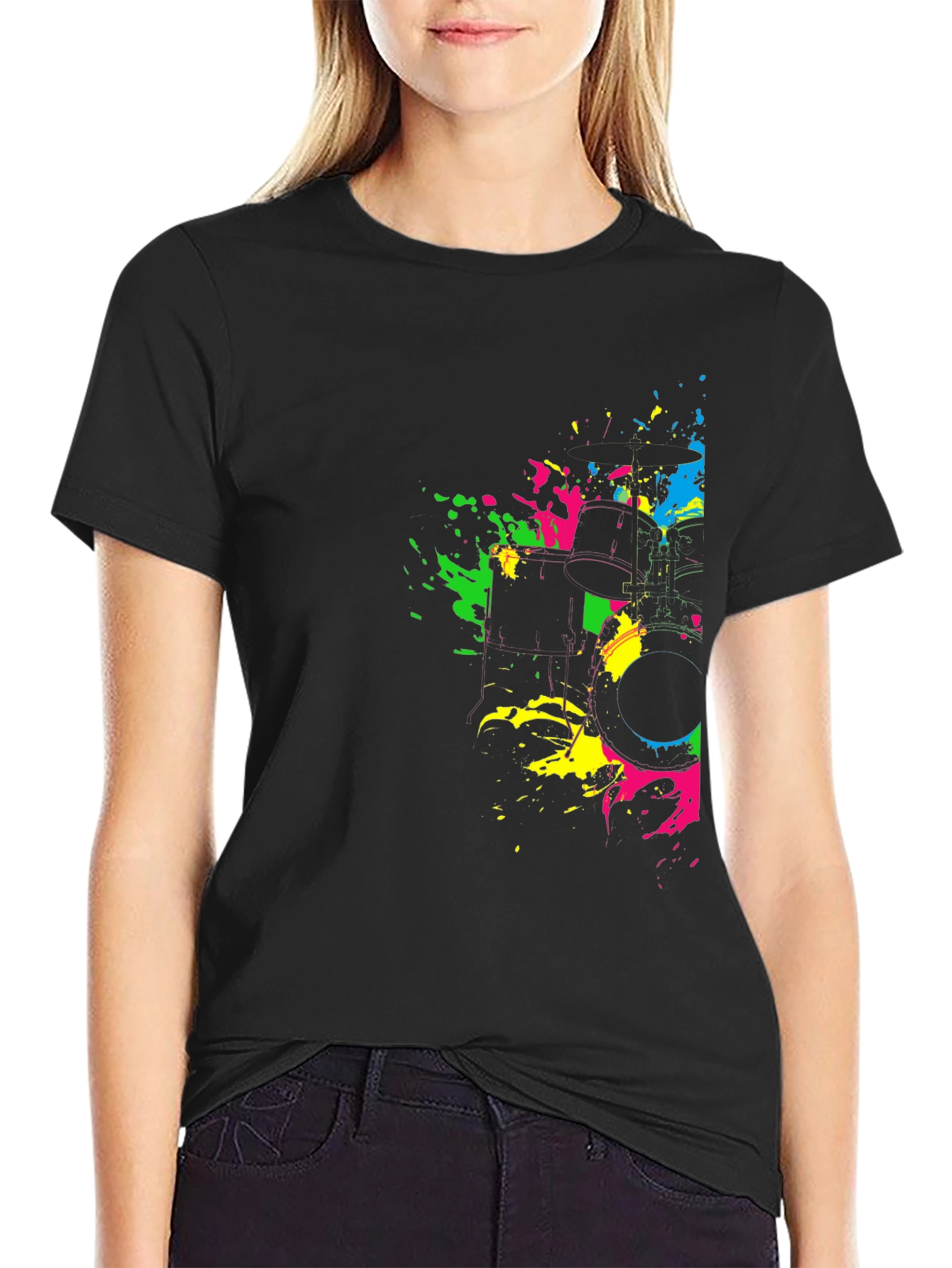 Neon Splatter Drum Kit Graphic Black T-Shirt