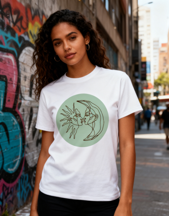 Ethereal Celestial Kiss T-Shirt with Green Circle Accent