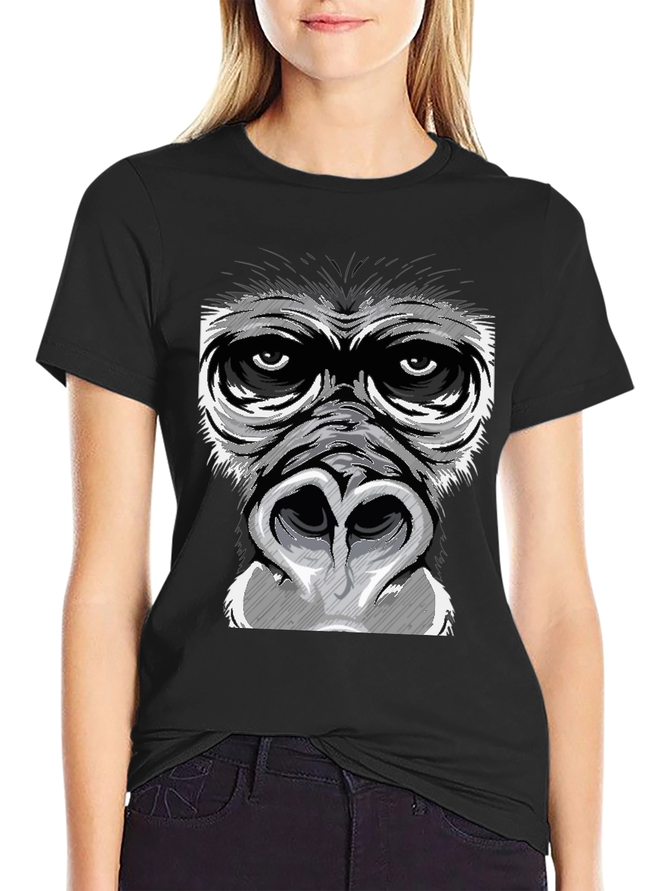 Gorilla Face Graphic Print Black T-Shirt