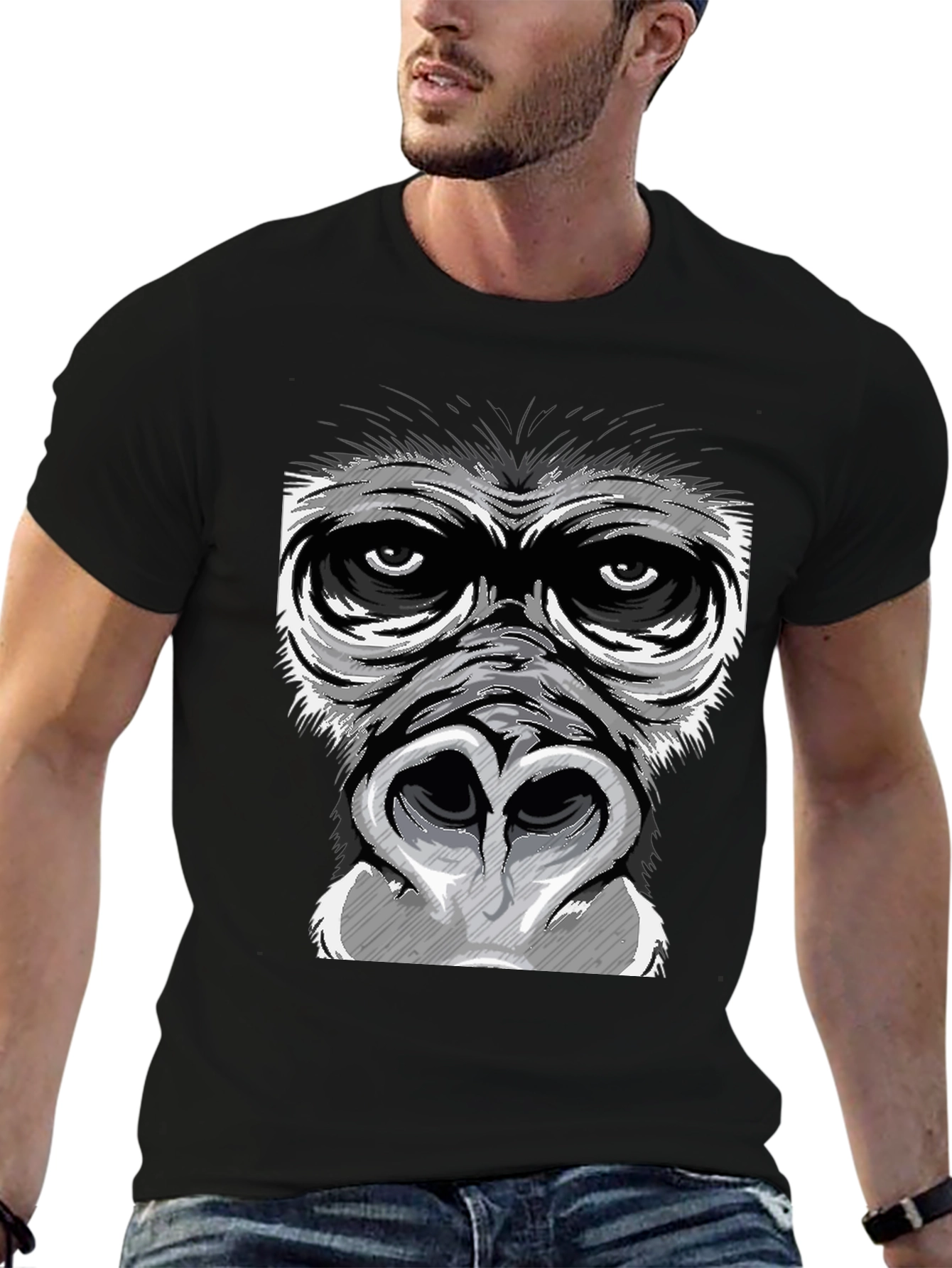 Gorilla Face Graphic Print Black T-Shirt