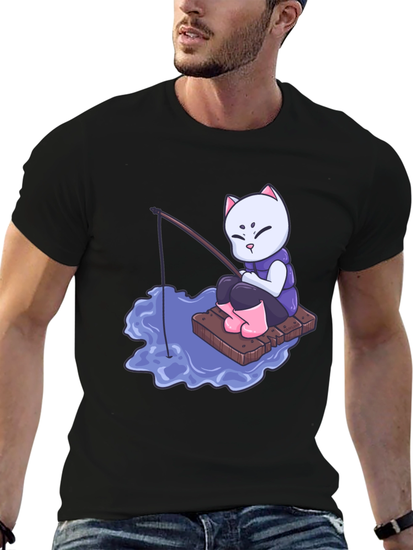 Cat Fishing Cartoon Graphic T-Shirt