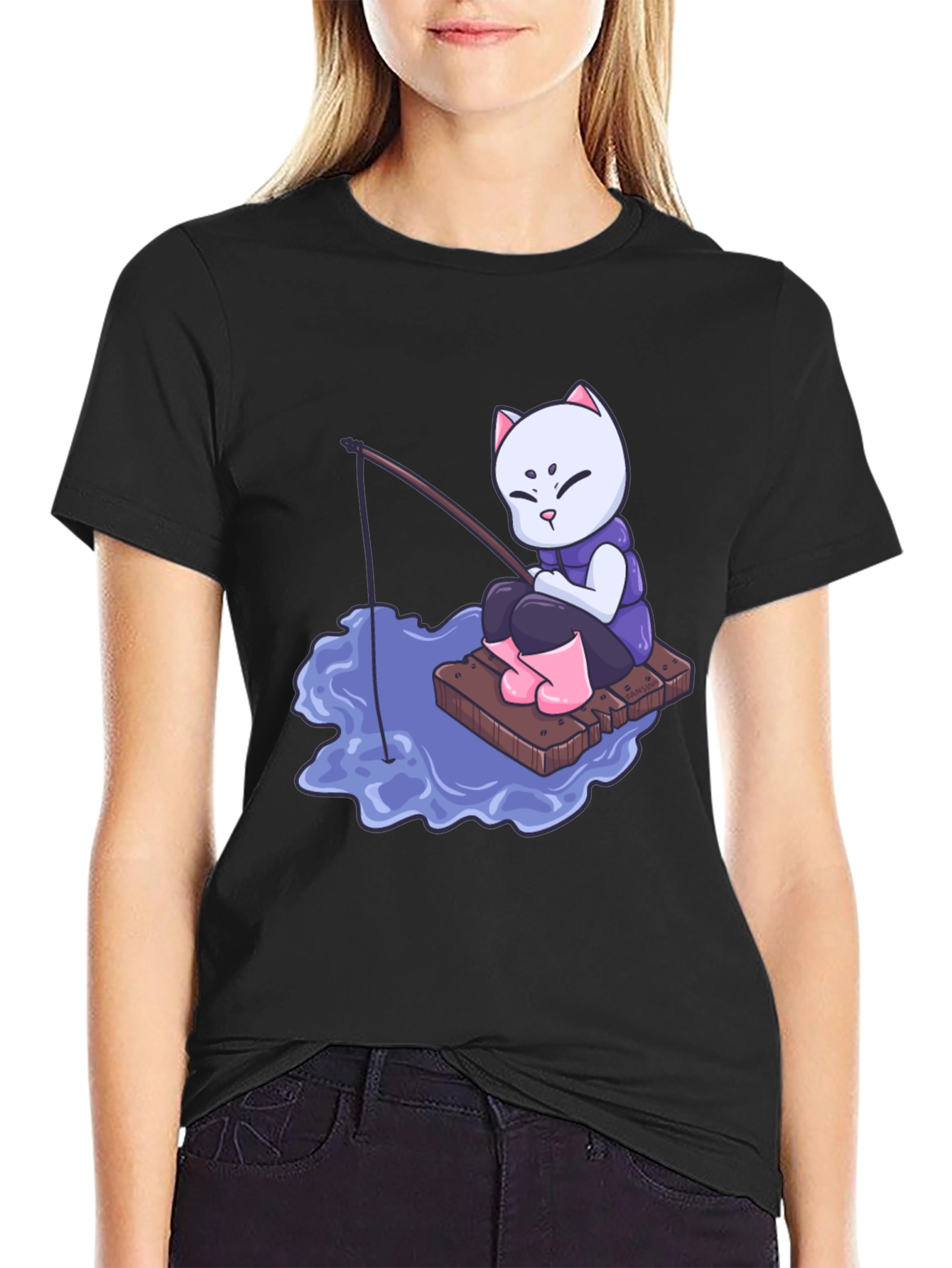 Cat Fishing Cartoon Graphic T-Shirt