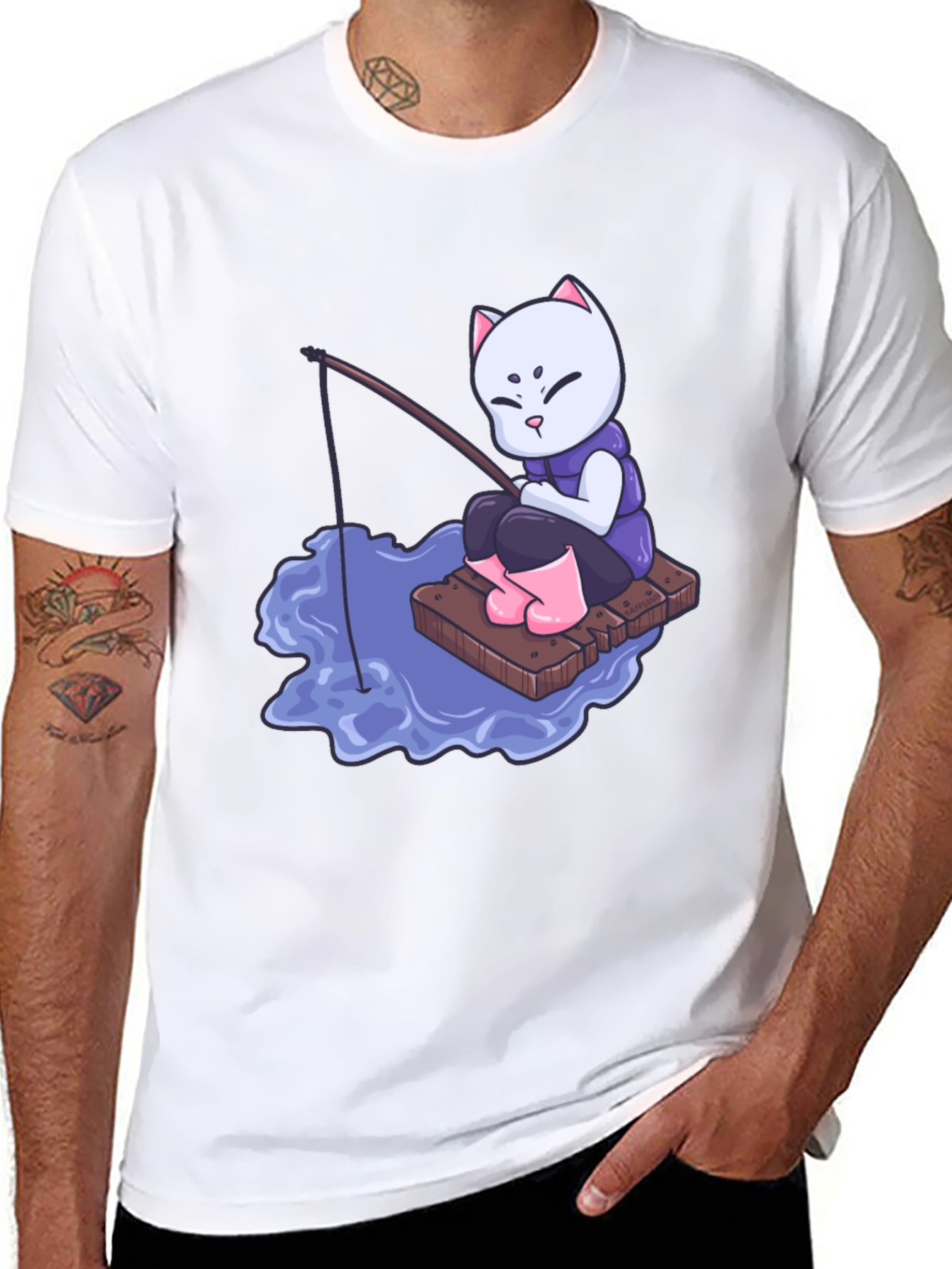 Cat Fishing Cartoon Graphic T-Shirt