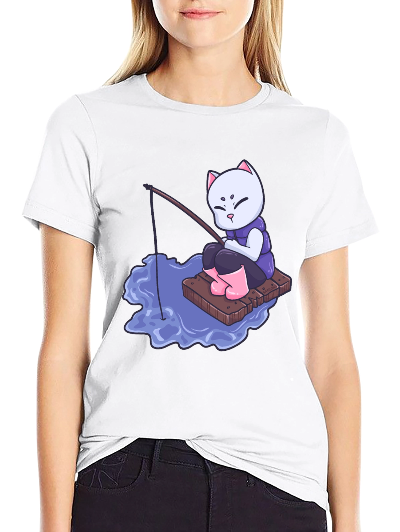 Cat Fishing Cartoon Graphic T-Shirt