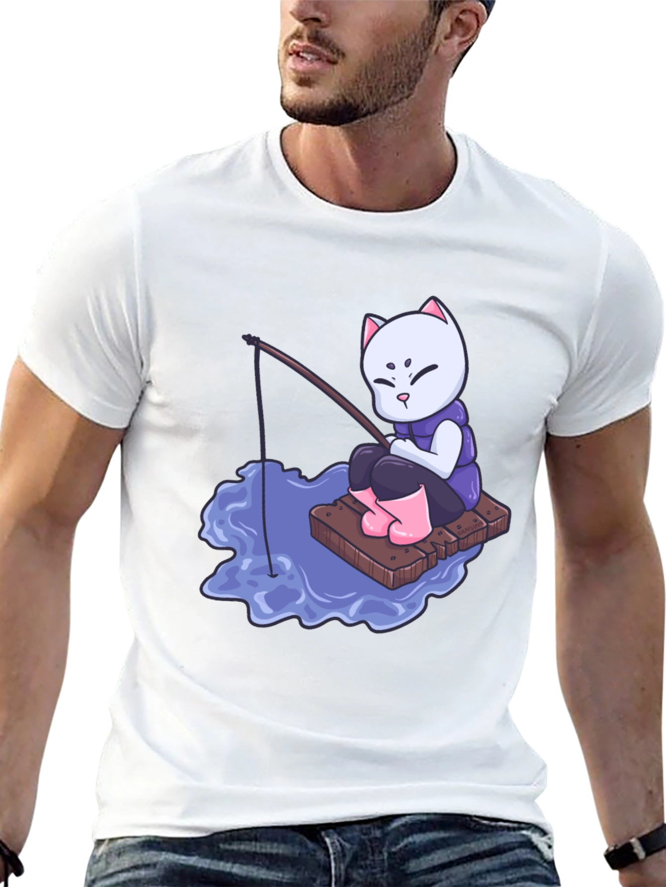 Cat Fishing Cartoon Graphic T-Shirt