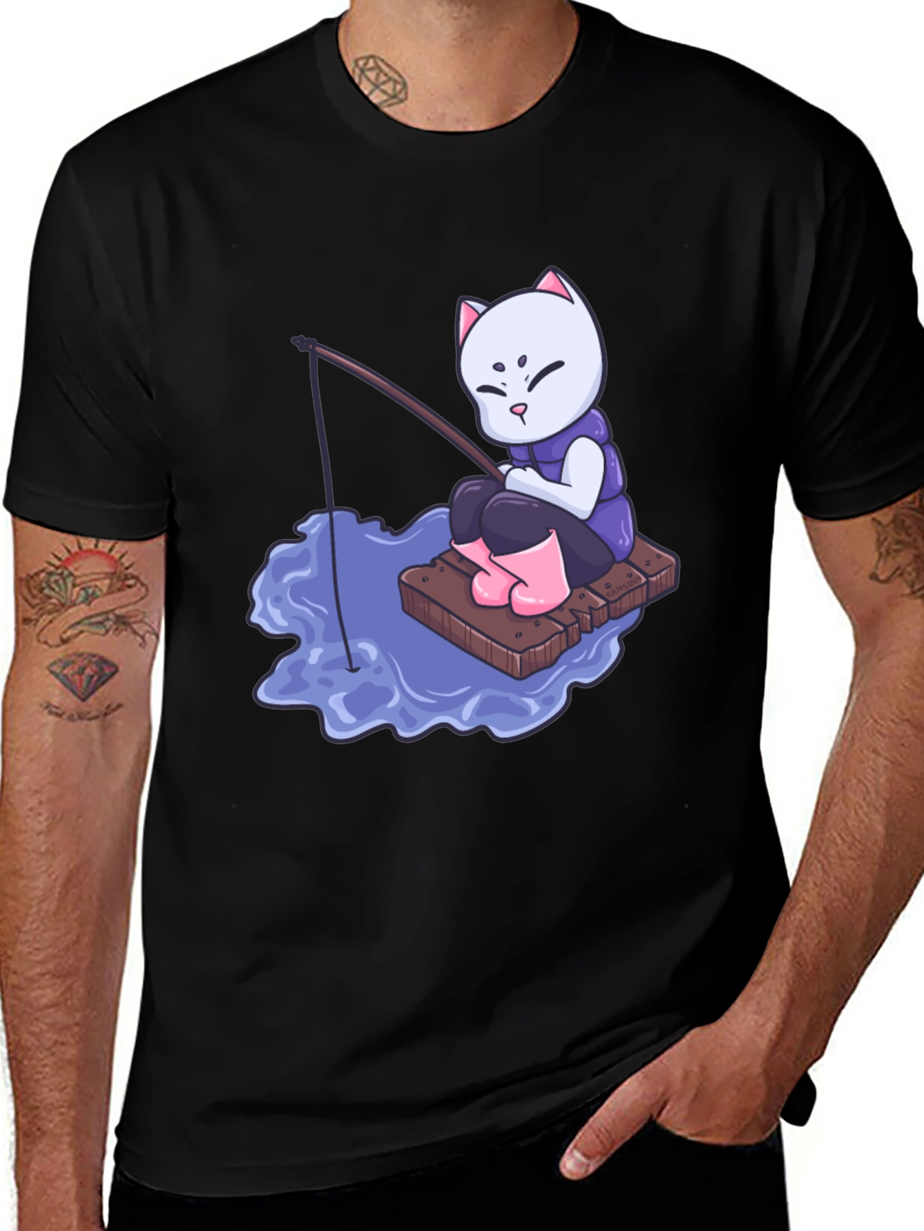 Cat Fishing Cartoon Graphic T-Shirt