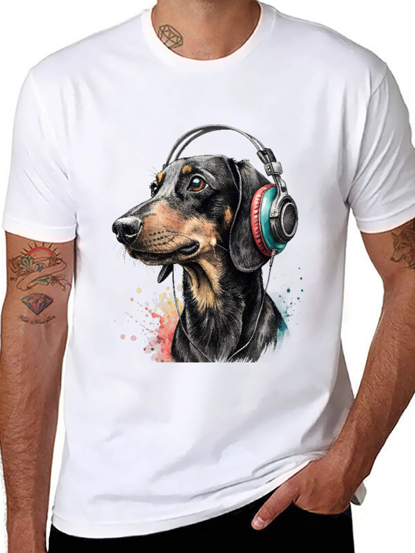 Dachshund Dog Wearing Headphones Graphic Tee