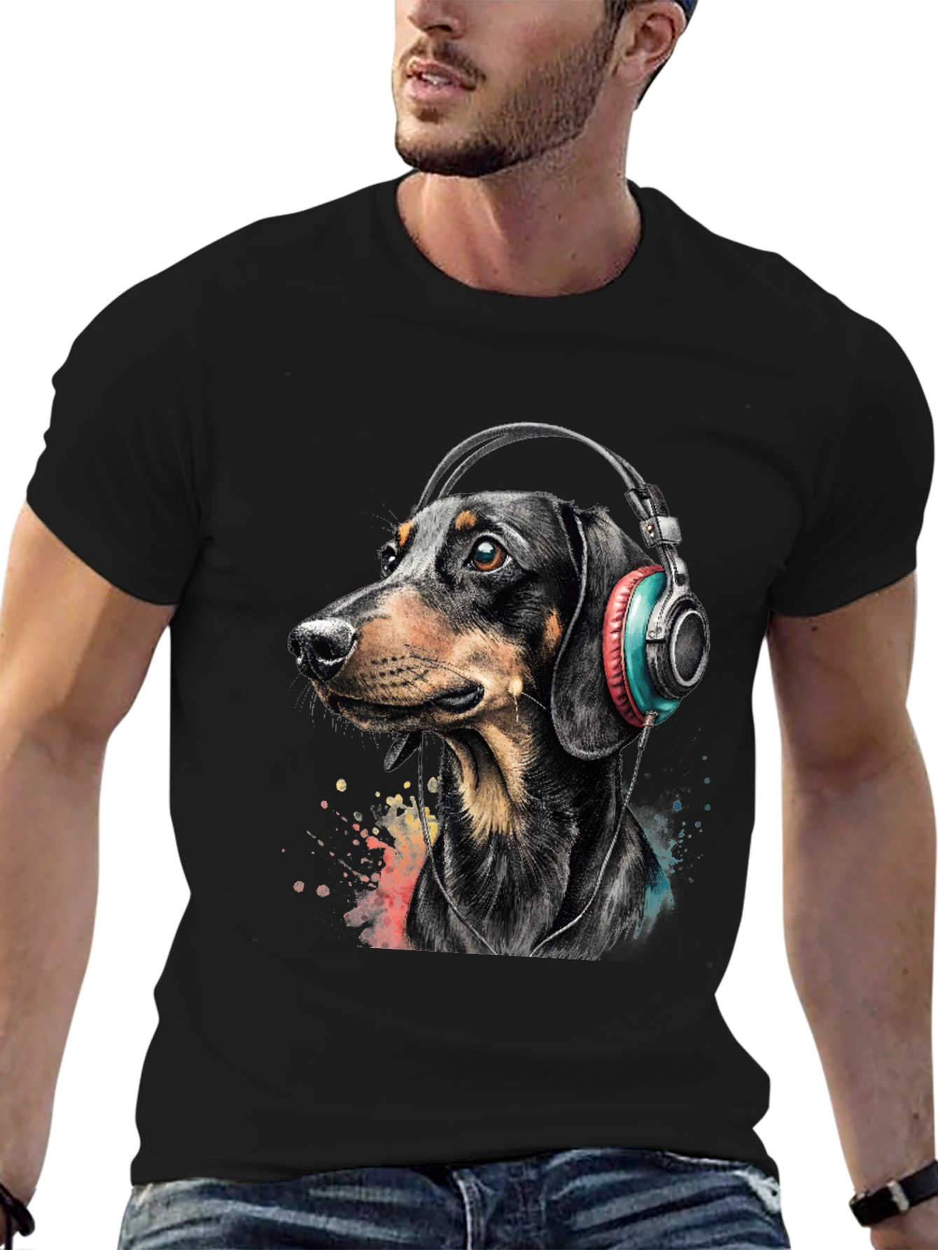 Dachshund Dog Wearing Headphones Graphic Tee
