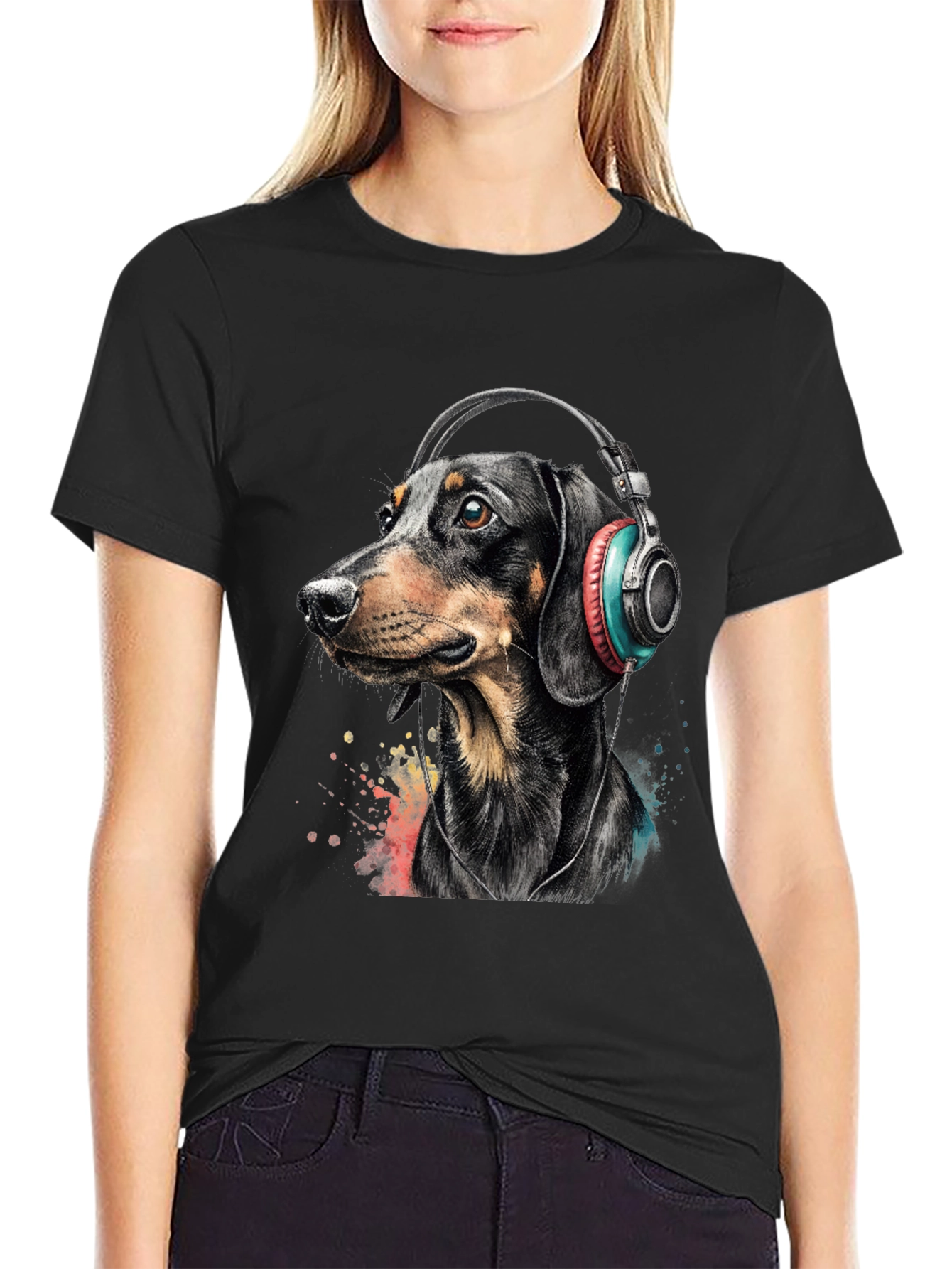 Dachshund Dog Wearing Headphones Graphic Tee