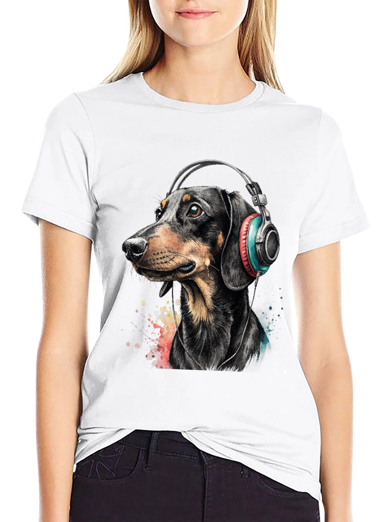 Dachshund Dog Wearing Headphones Graphic Tee
