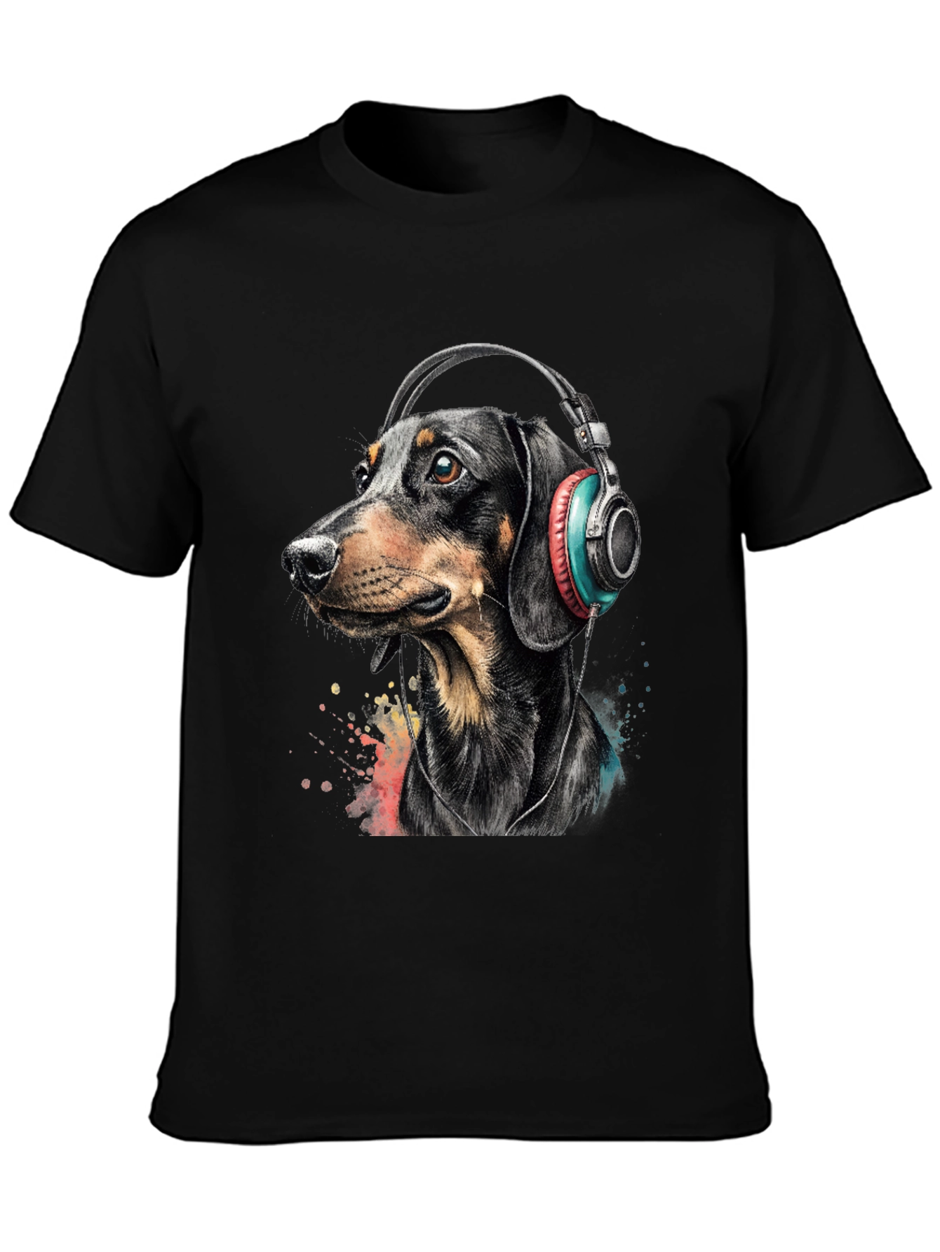 Dachshund Dog Wearing Headphones Graphic Tee