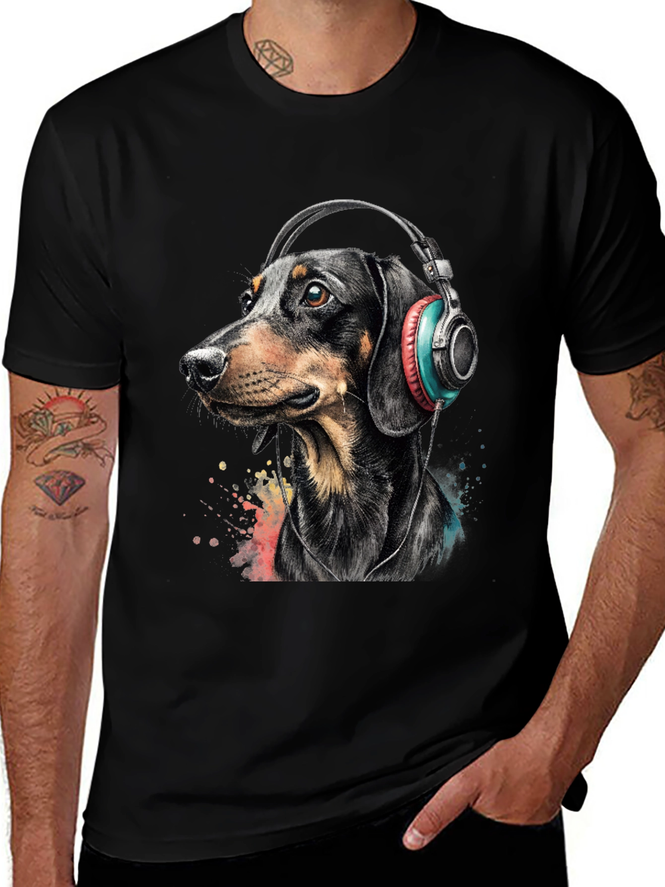 Dachshund Dog Wearing Headphones Graphic Tee