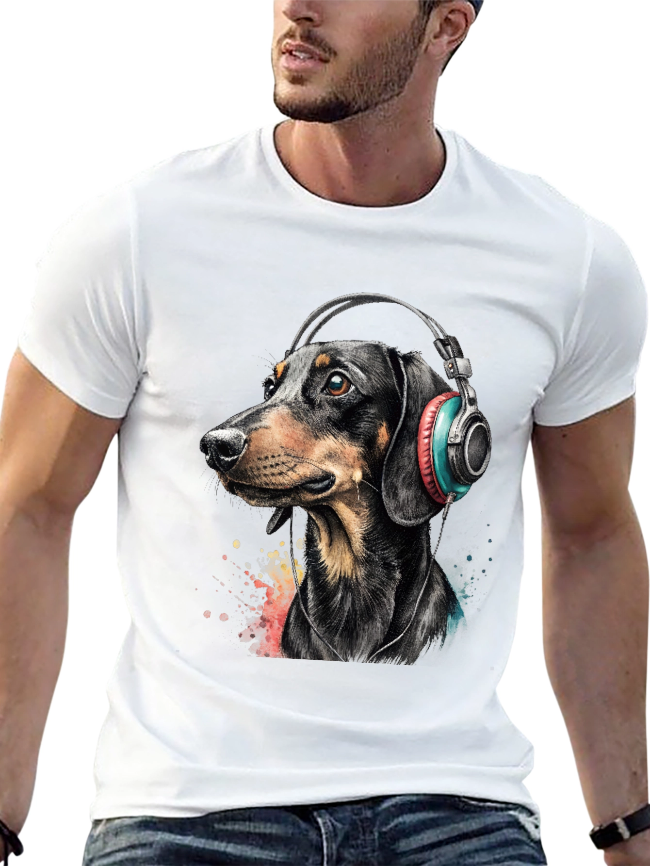 Dachshund Dog Wearing Headphones Graphic Tee