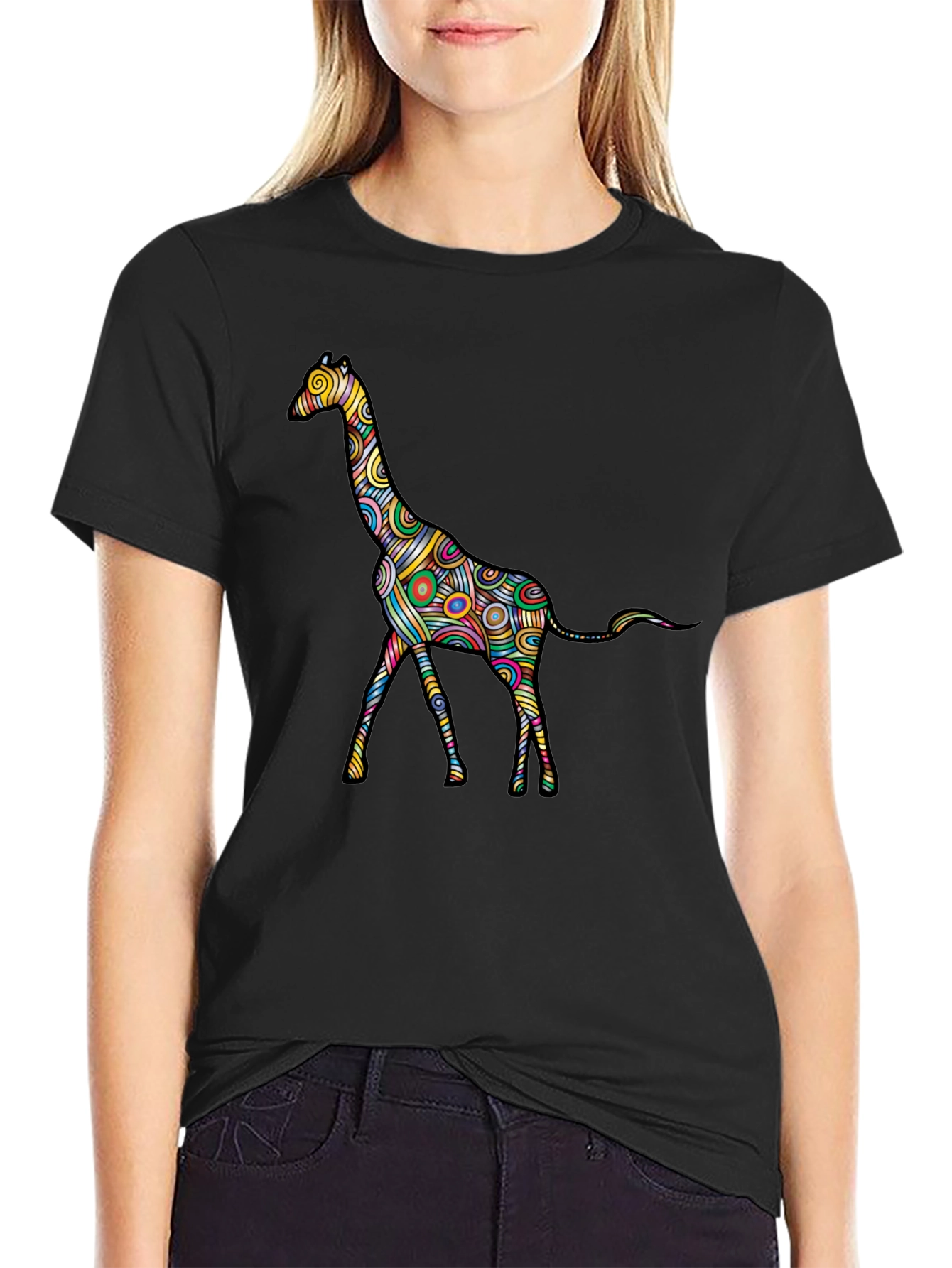 Psychedelic Giraffe Graphic Black T-Shirt