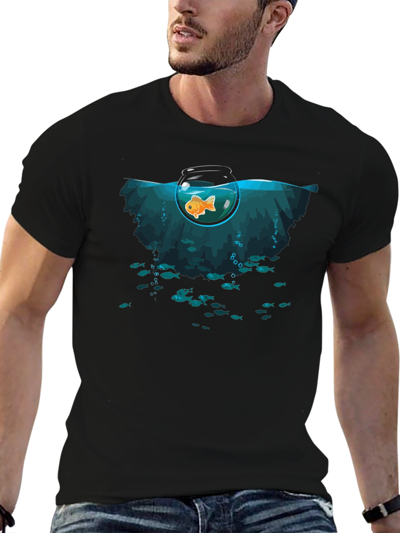 Unique Goldfish Graphic Black T-Shirt