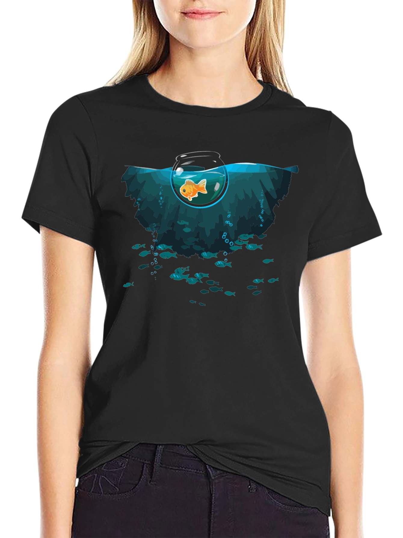 Unique Goldfish Graphic Black T-Shirt