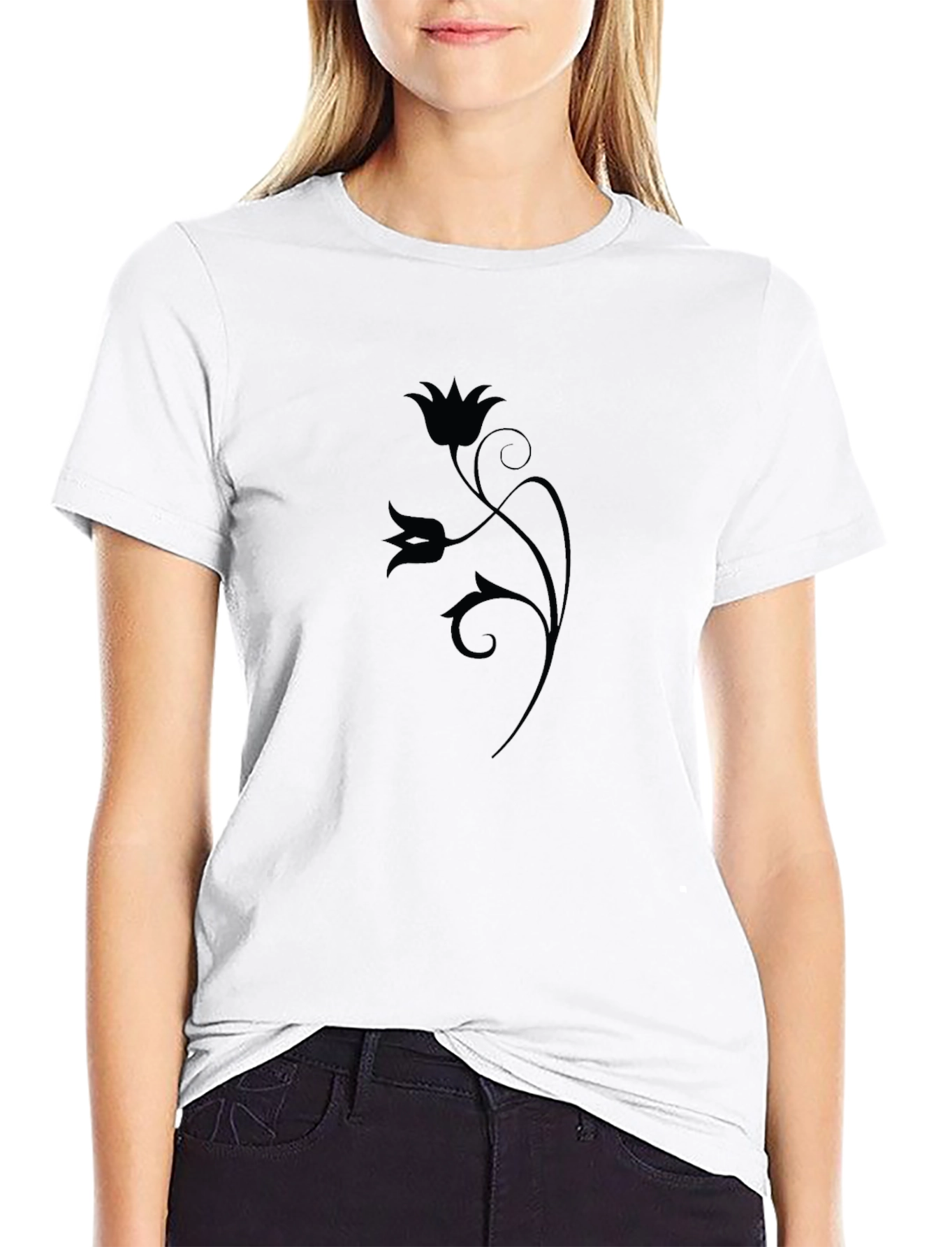 Elegant Floral Graphic Print Black T-Shirt