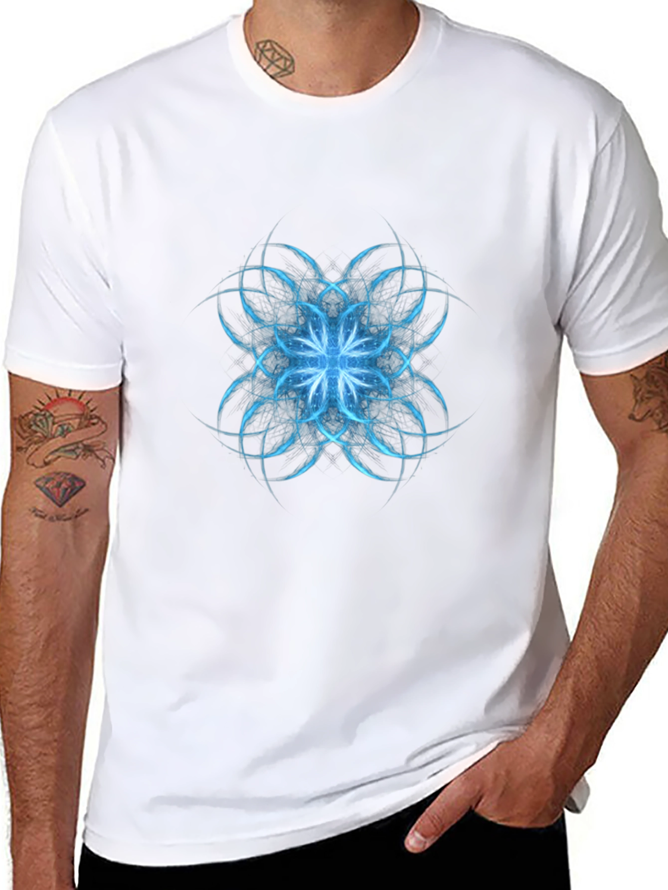 Abstract Blue Floral Graphic Black T-Shirt