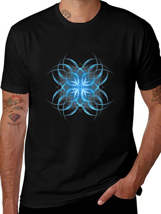 Abstract Blue Floral Graphic Black T-Shirt