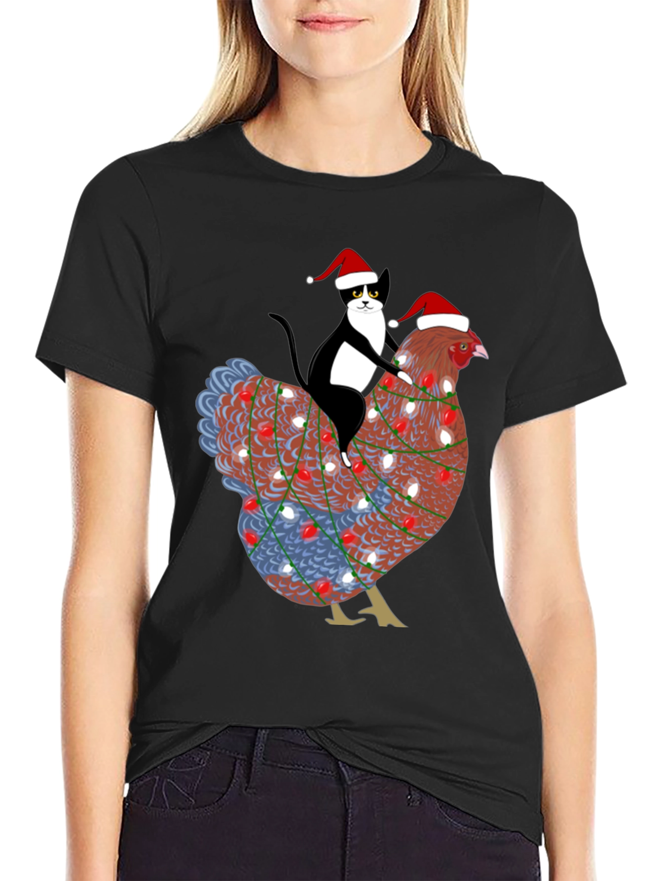 Christmas Cat Riding Chicken Graphic Tee