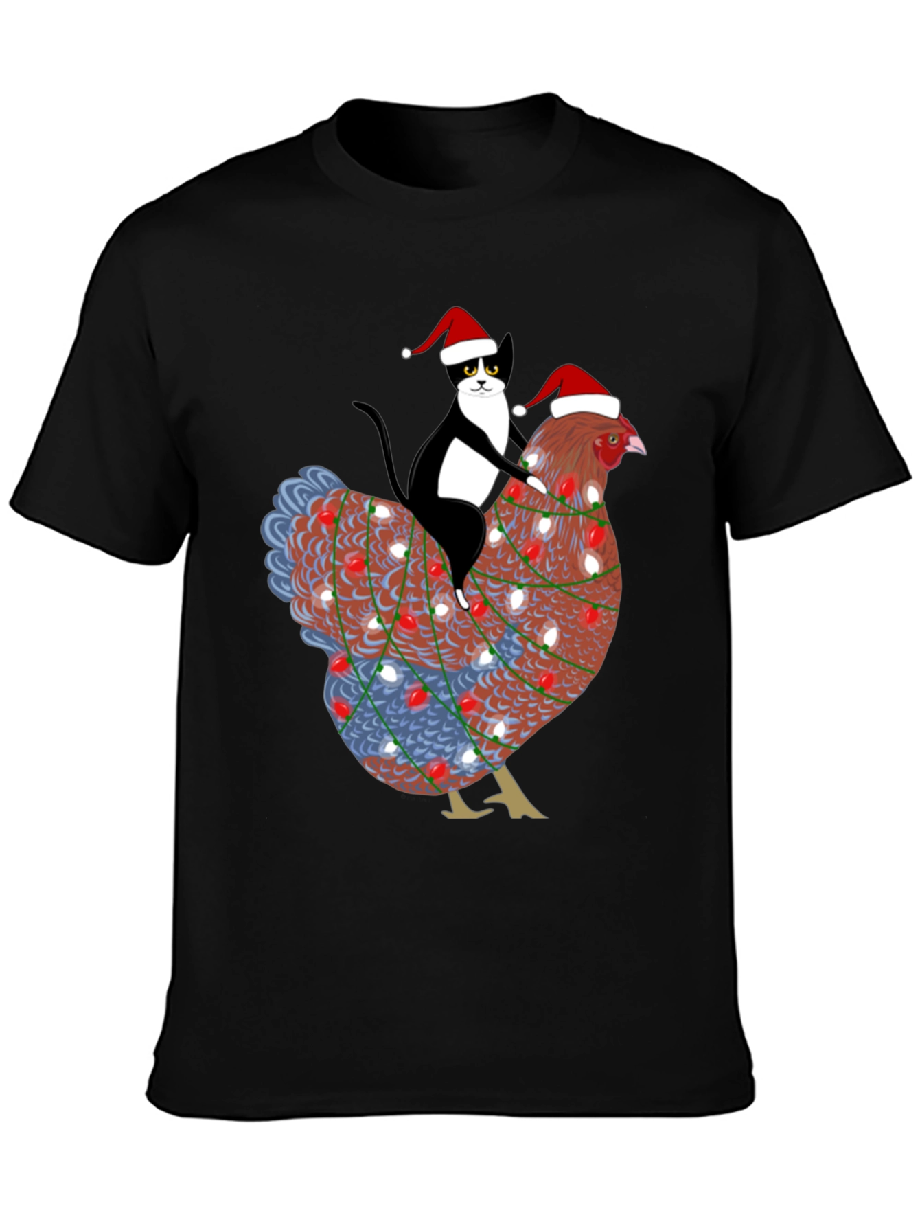 Christmas Cat Riding Chicken Graphic Tee