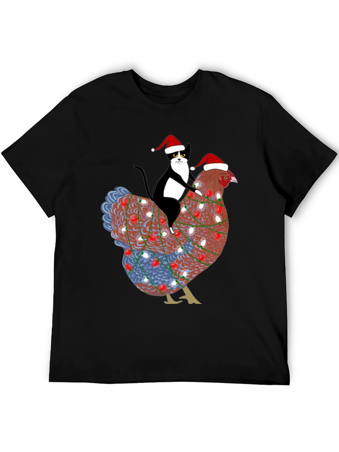 Christmas Cat Riding Chicken Graphic Tee