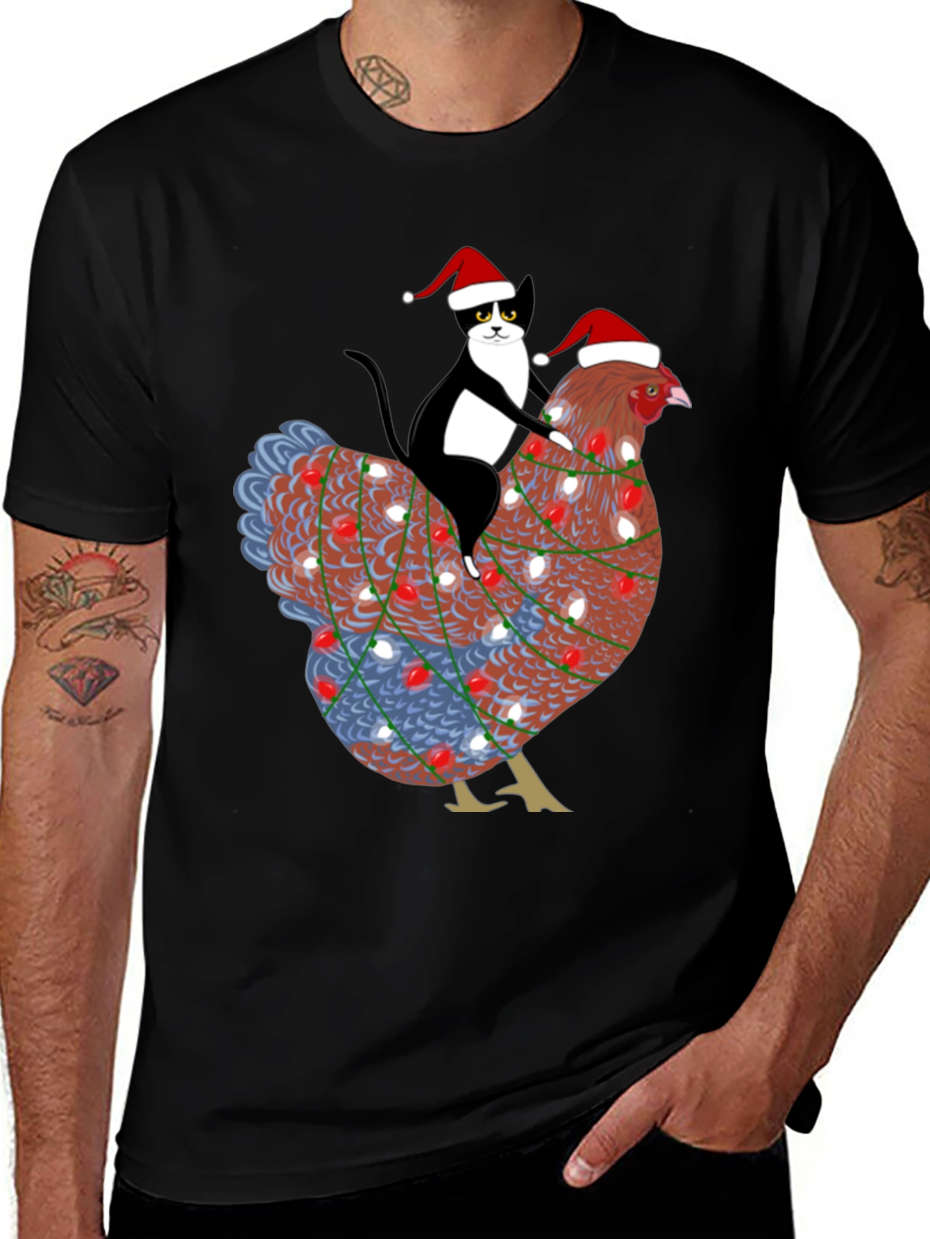 Christmas Cat Riding Chicken Graphic Tee