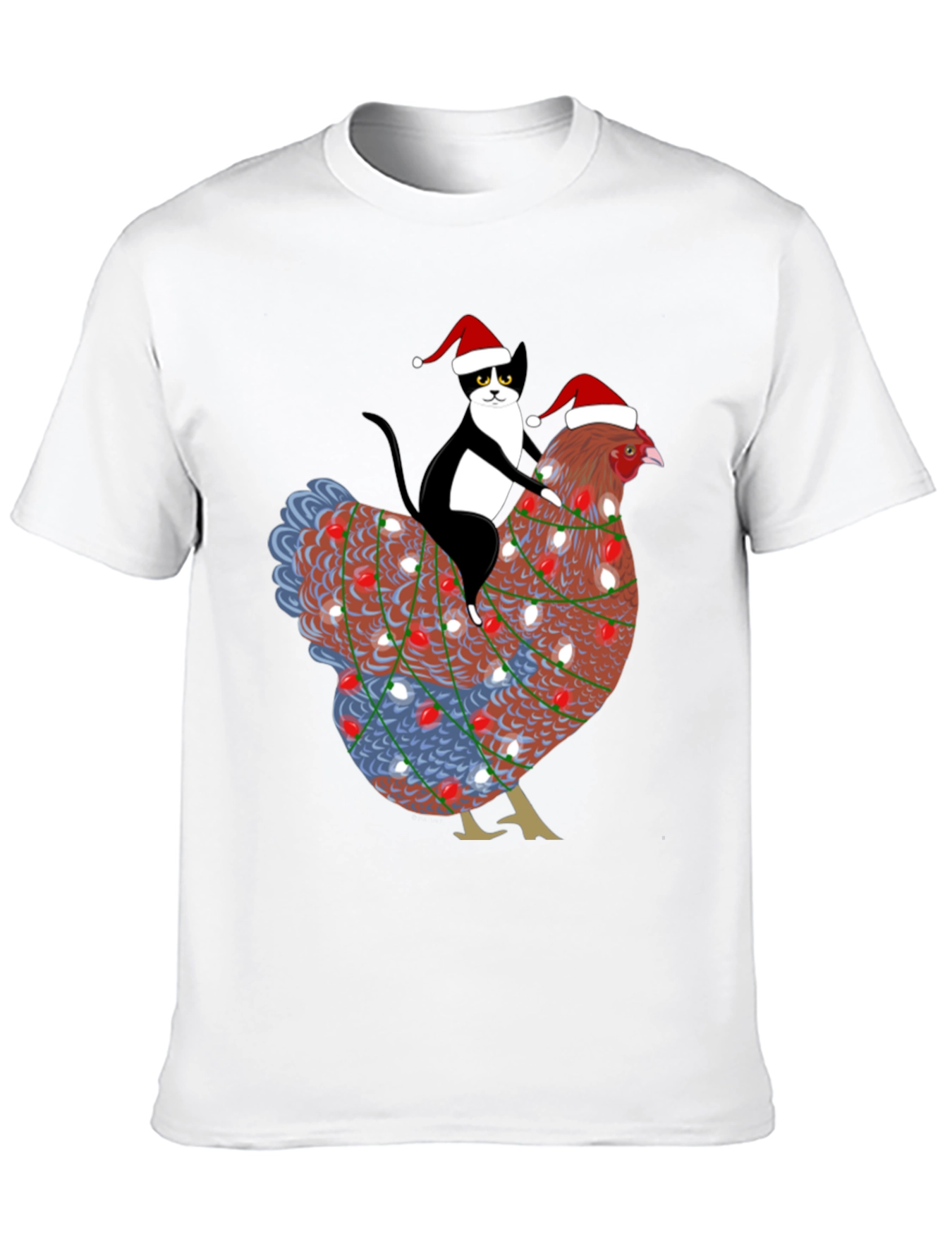 Christmas Cat Riding Chicken Graphic Tee