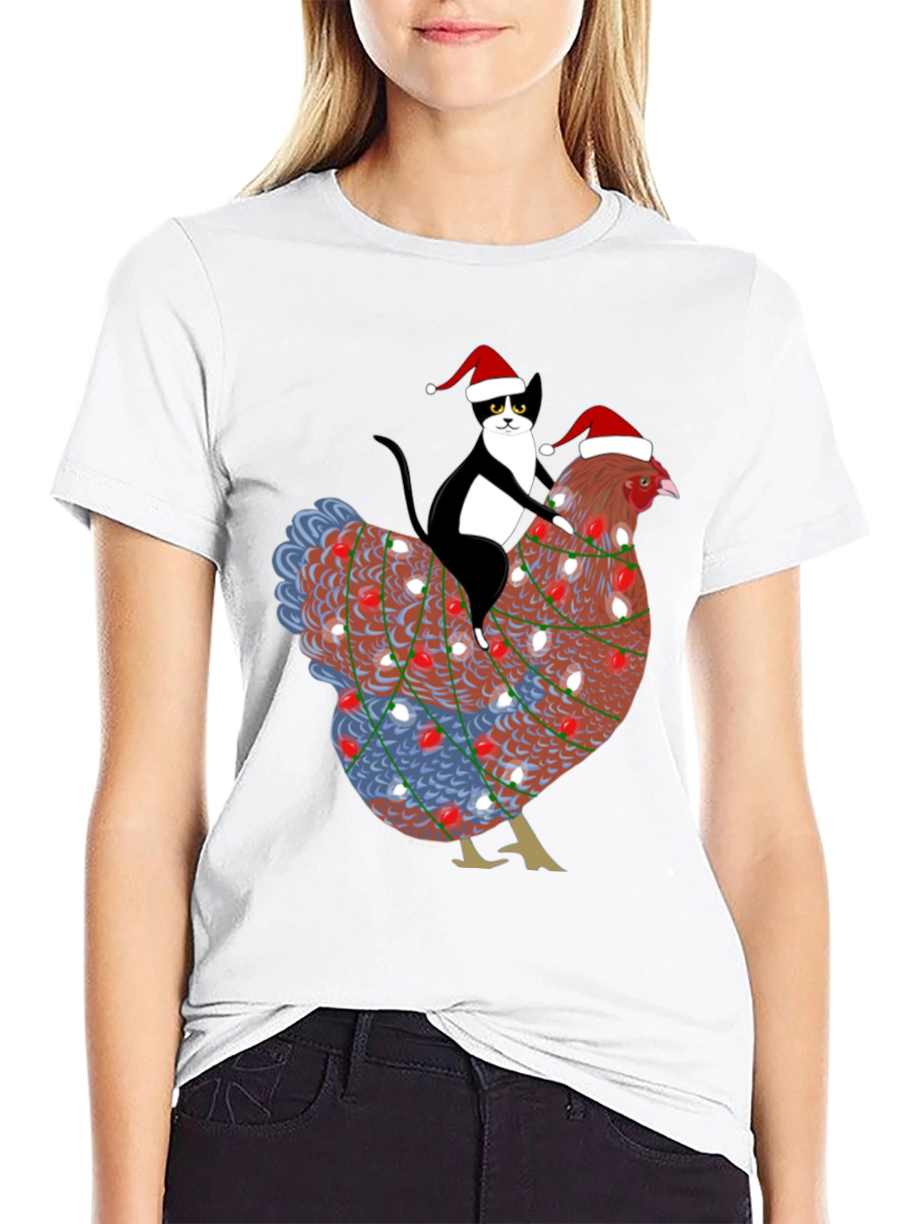 Christmas Cat Riding Chicken Graphic Tee