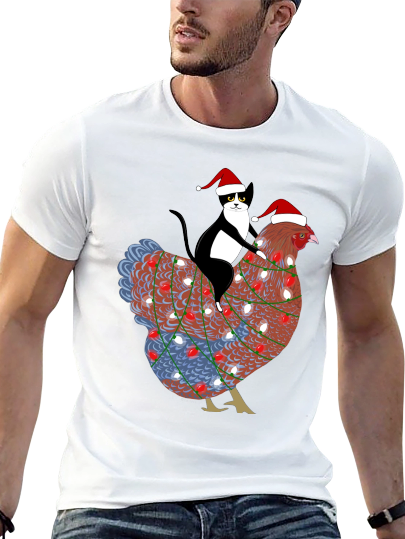 Christmas Cat Riding Chicken Graphic Tee