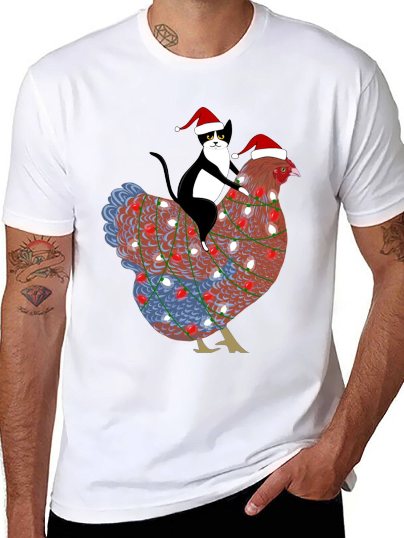 Christmas Cat Riding Chicken Graphic Tee