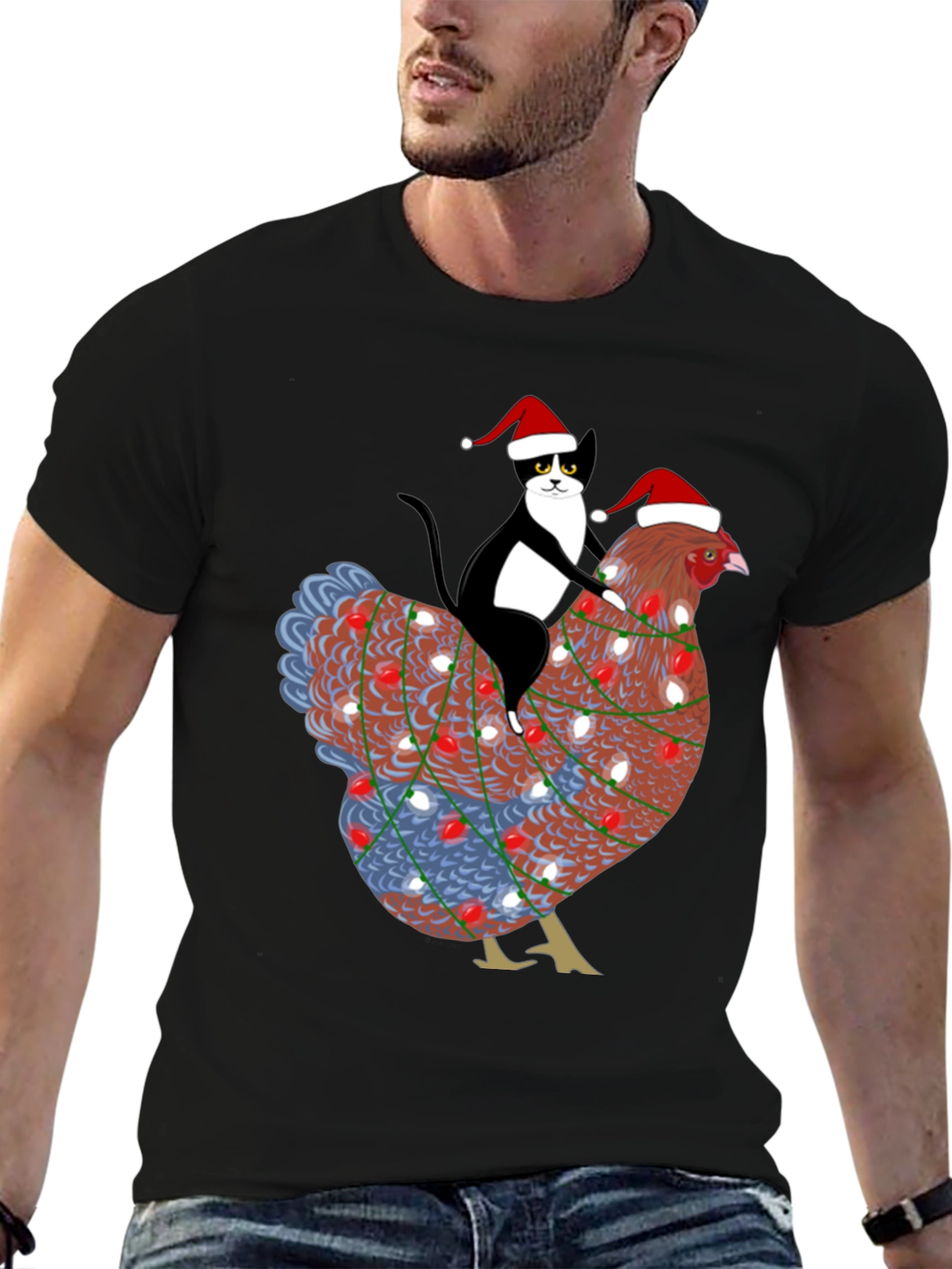 Christmas Cat Riding Chicken Graphic Tee