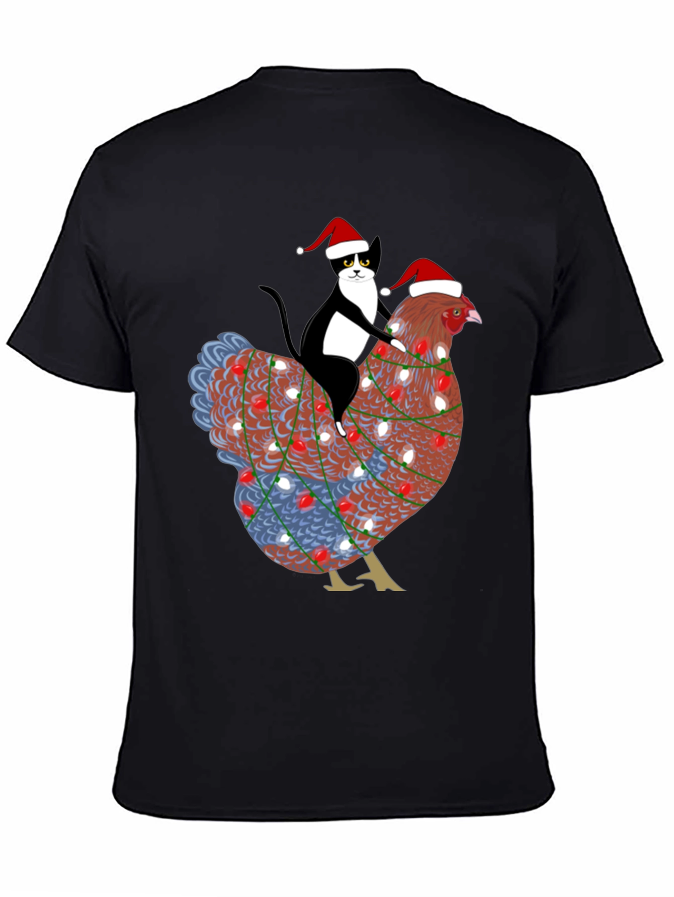 Christmas Cat Riding Chicken Graphic Tee