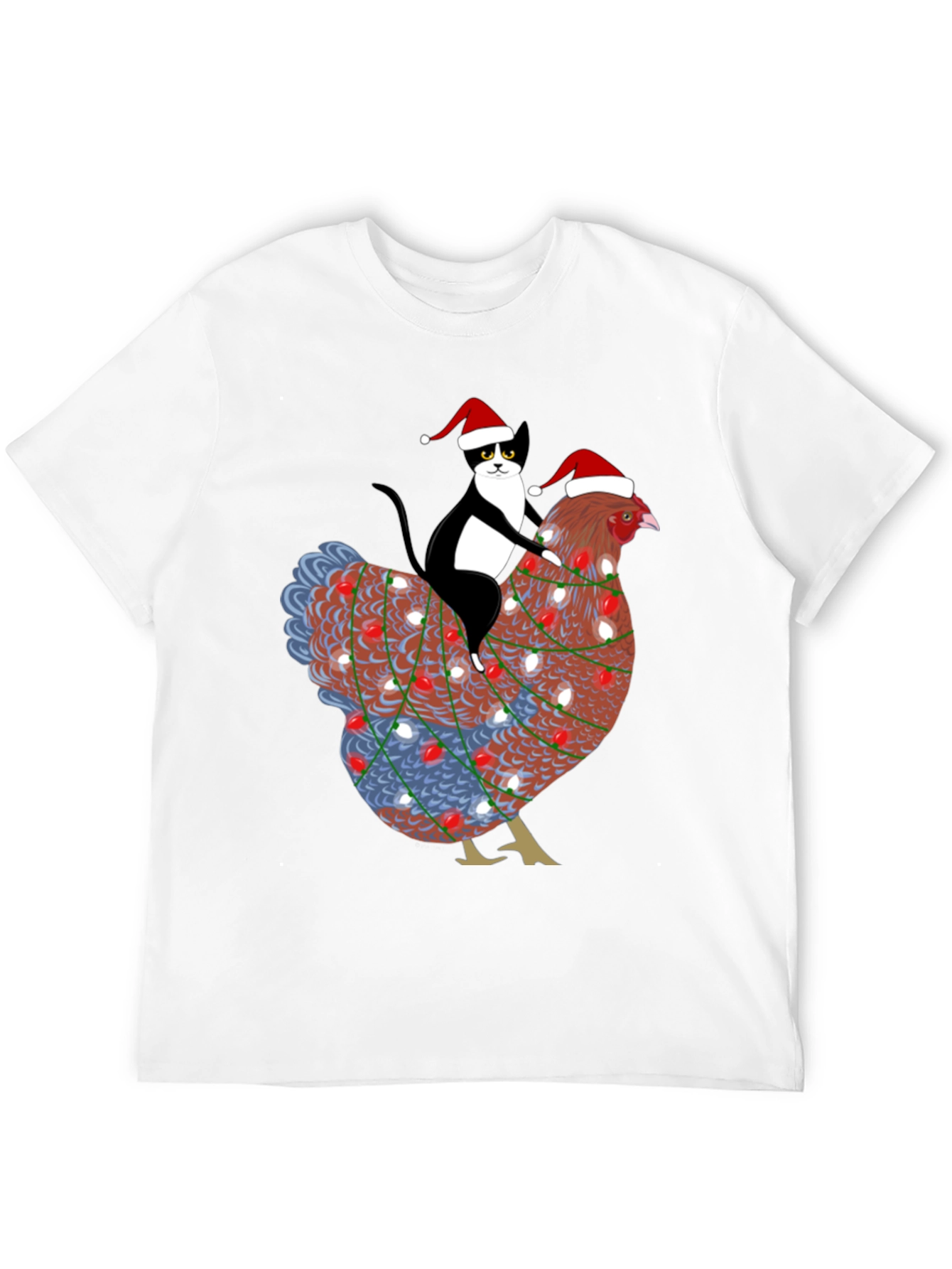 Christmas Cat Riding Chicken Graphic Tee