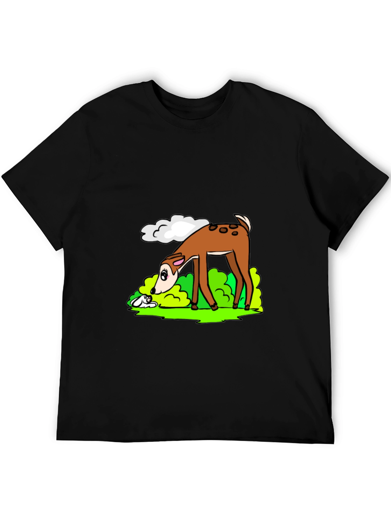 Cartoon Deer Graphic Tee - Black Cotton T-Shirt