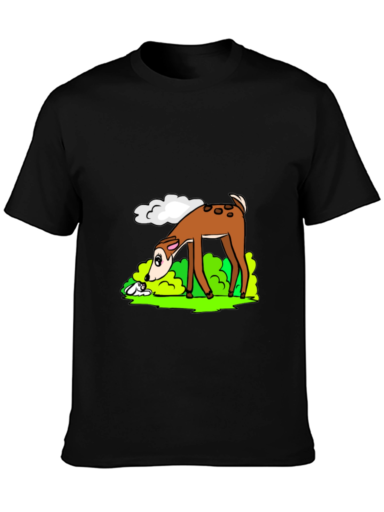 Cartoon Deer Graphic Tee - Black Cotton T-Shirt