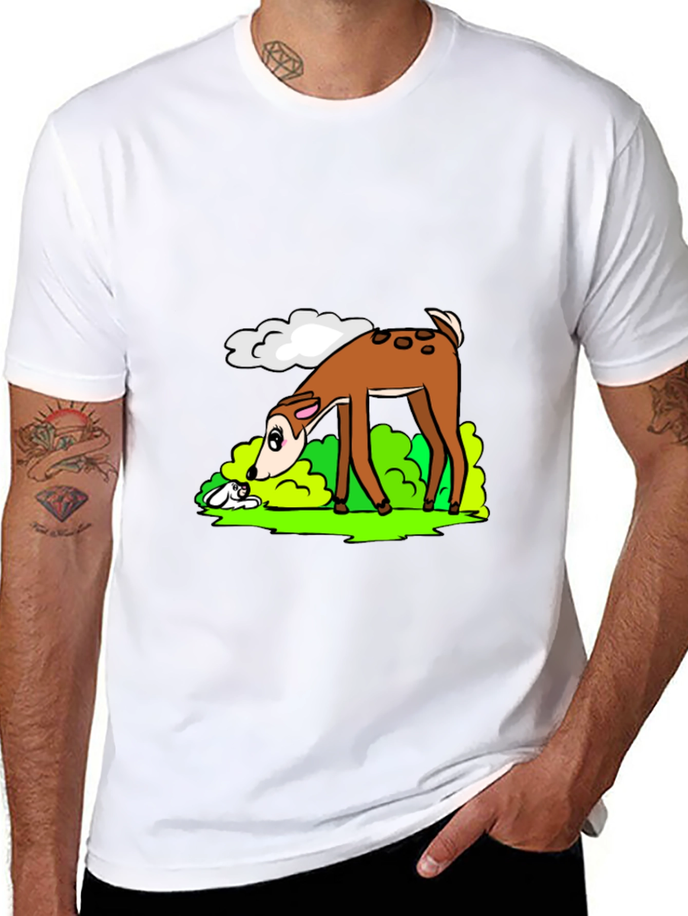 Cartoon Deer Graphic Tee - Black Cotton T-Shirt