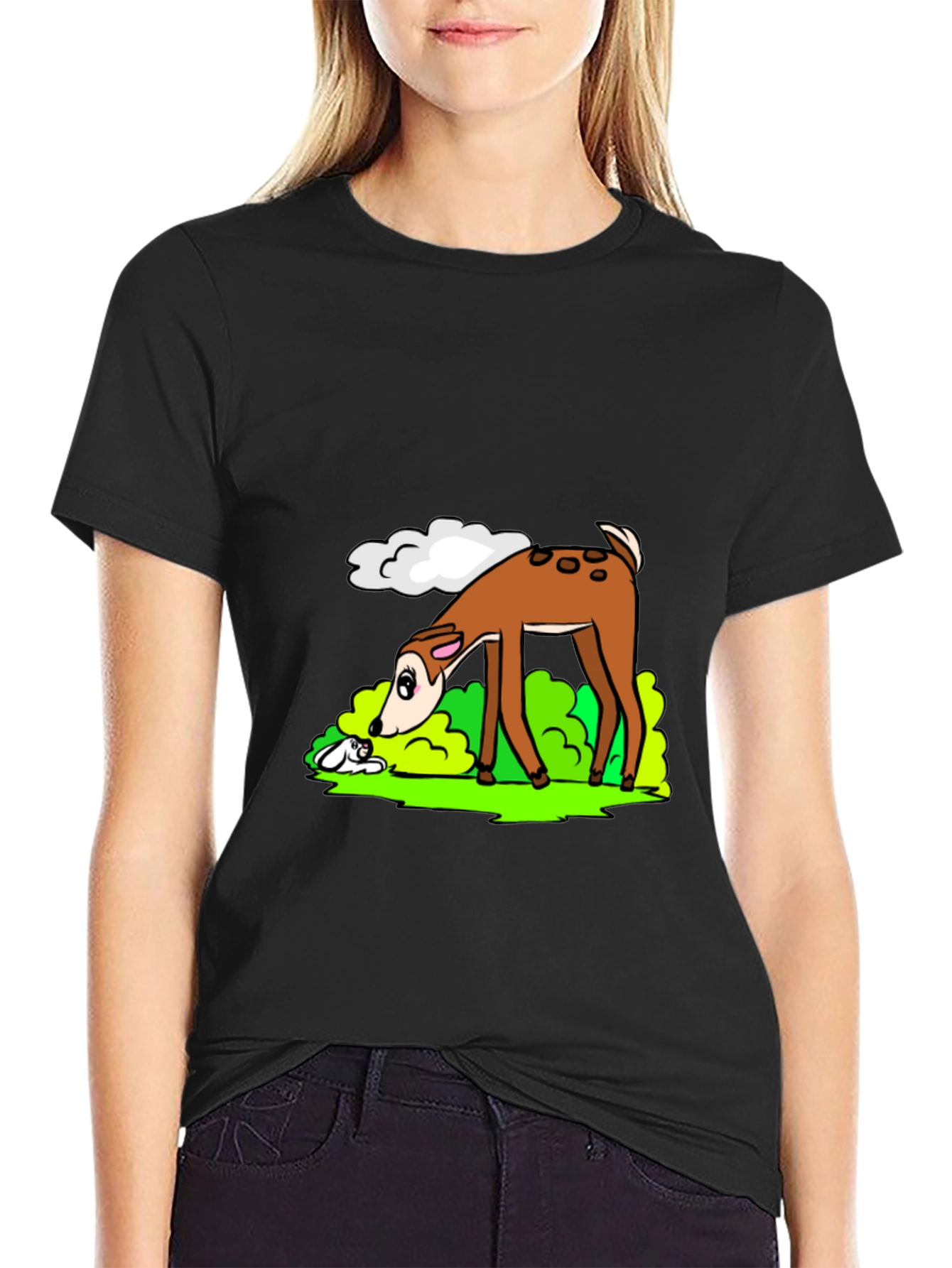Cartoon Deer Graphic Tee - Black Cotton T-Shirt