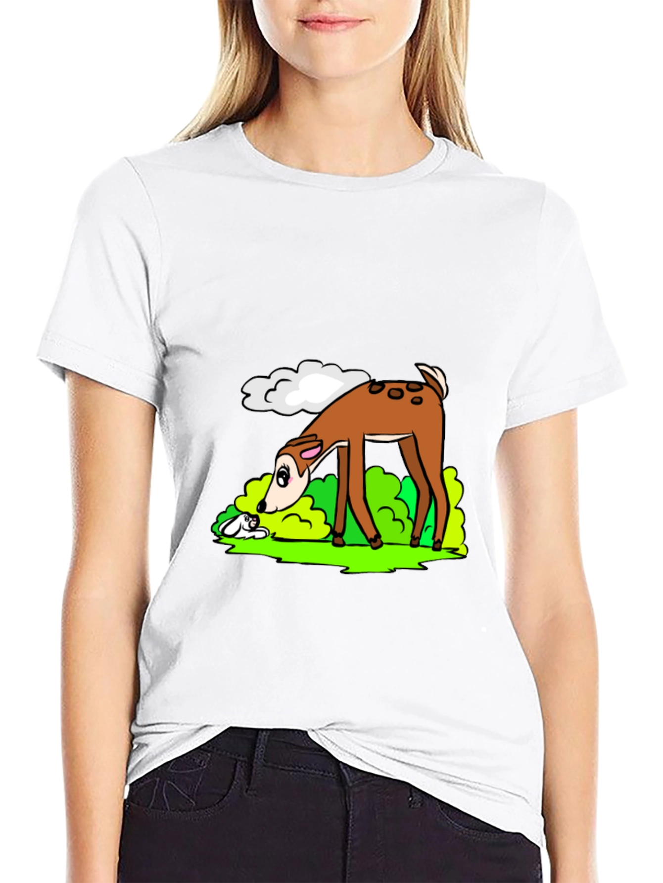 Cartoon Deer Graphic Tee - Black Cotton T-Shirt