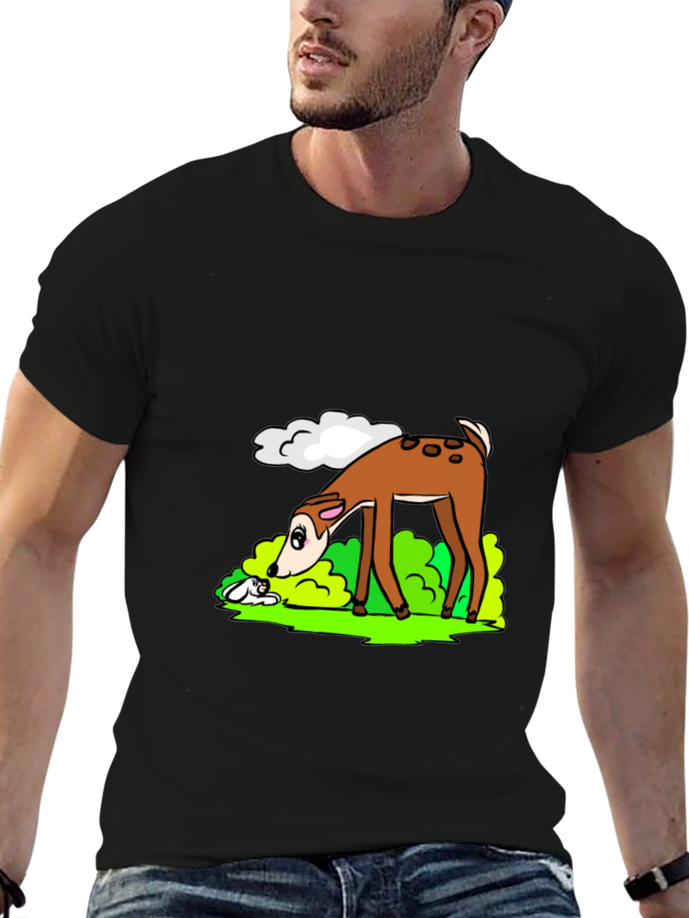 Cartoon Deer Graphic Tee - Black Cotton T-Shirt