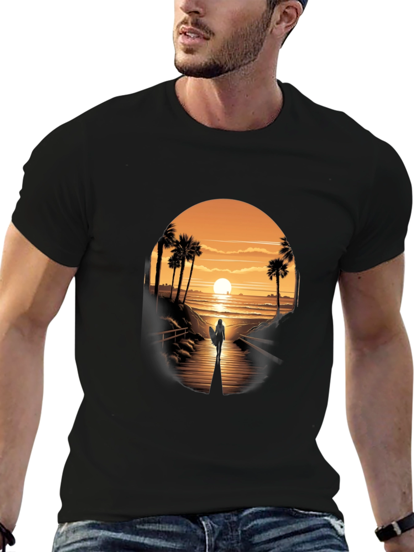Sunset Surfer Graphic Tee - Black