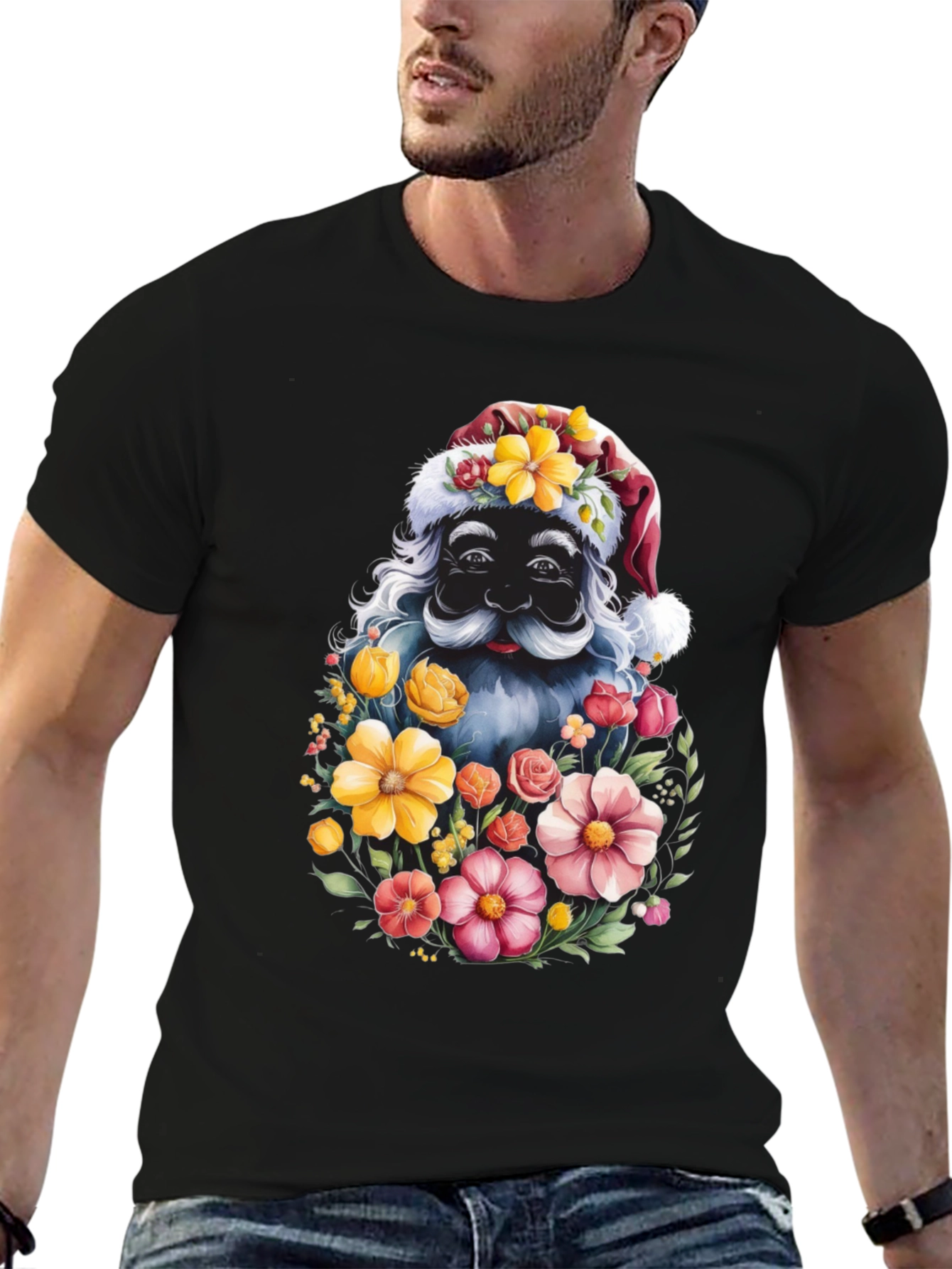 Floral Santa Graphic Tee - Holiday Cheer