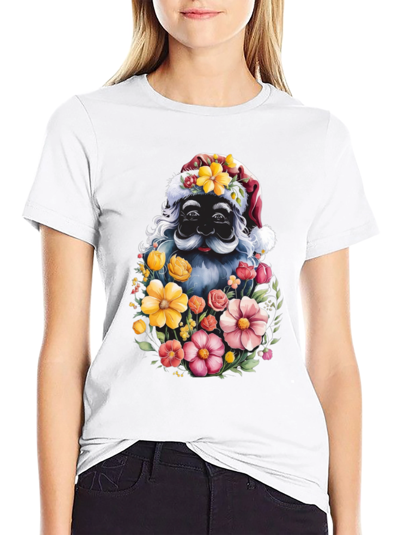 Floral Santa Graphic Tee - Holiday Cheer