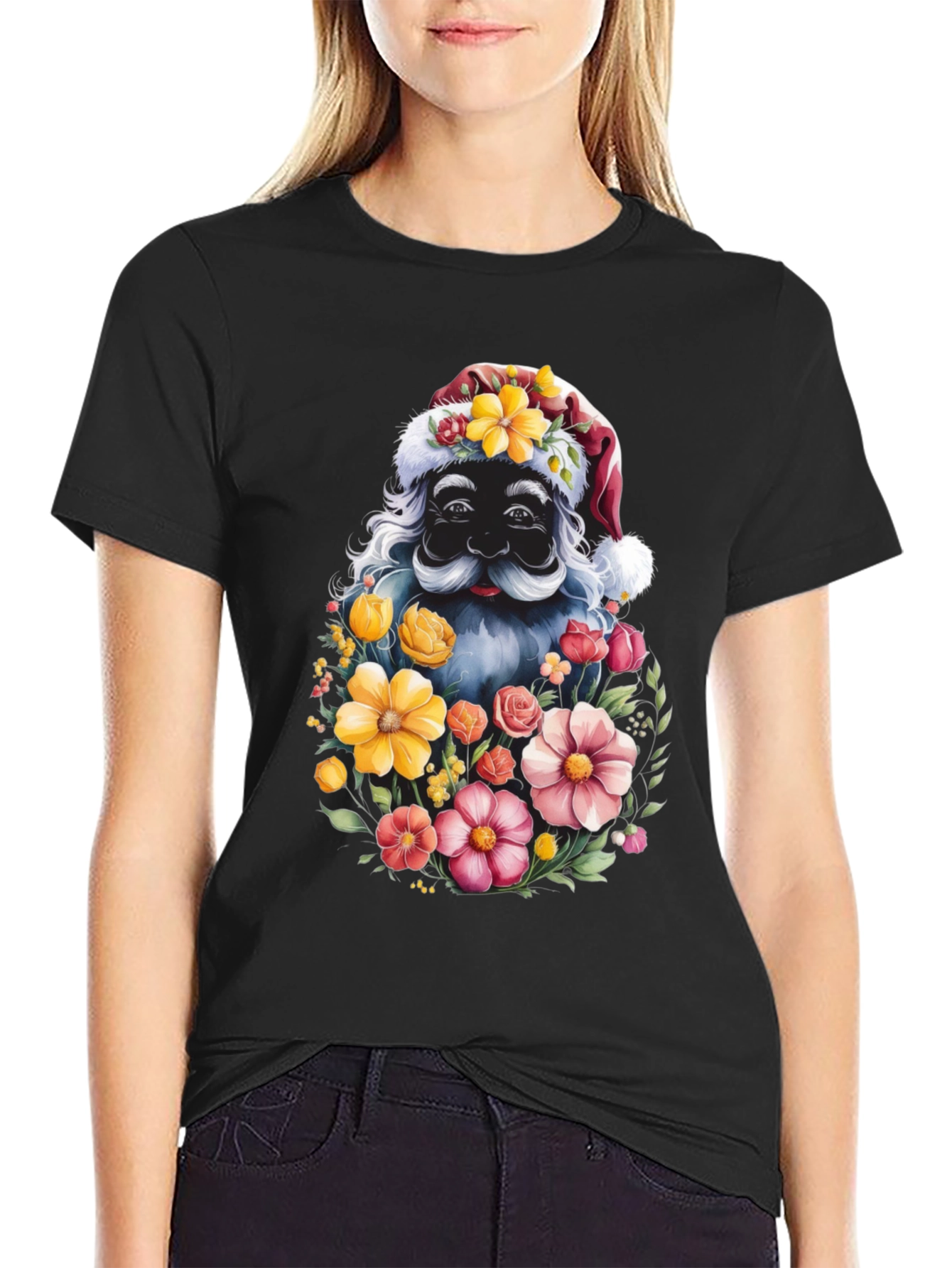 Floral Santa Graphic Tee - Holiday Cheer