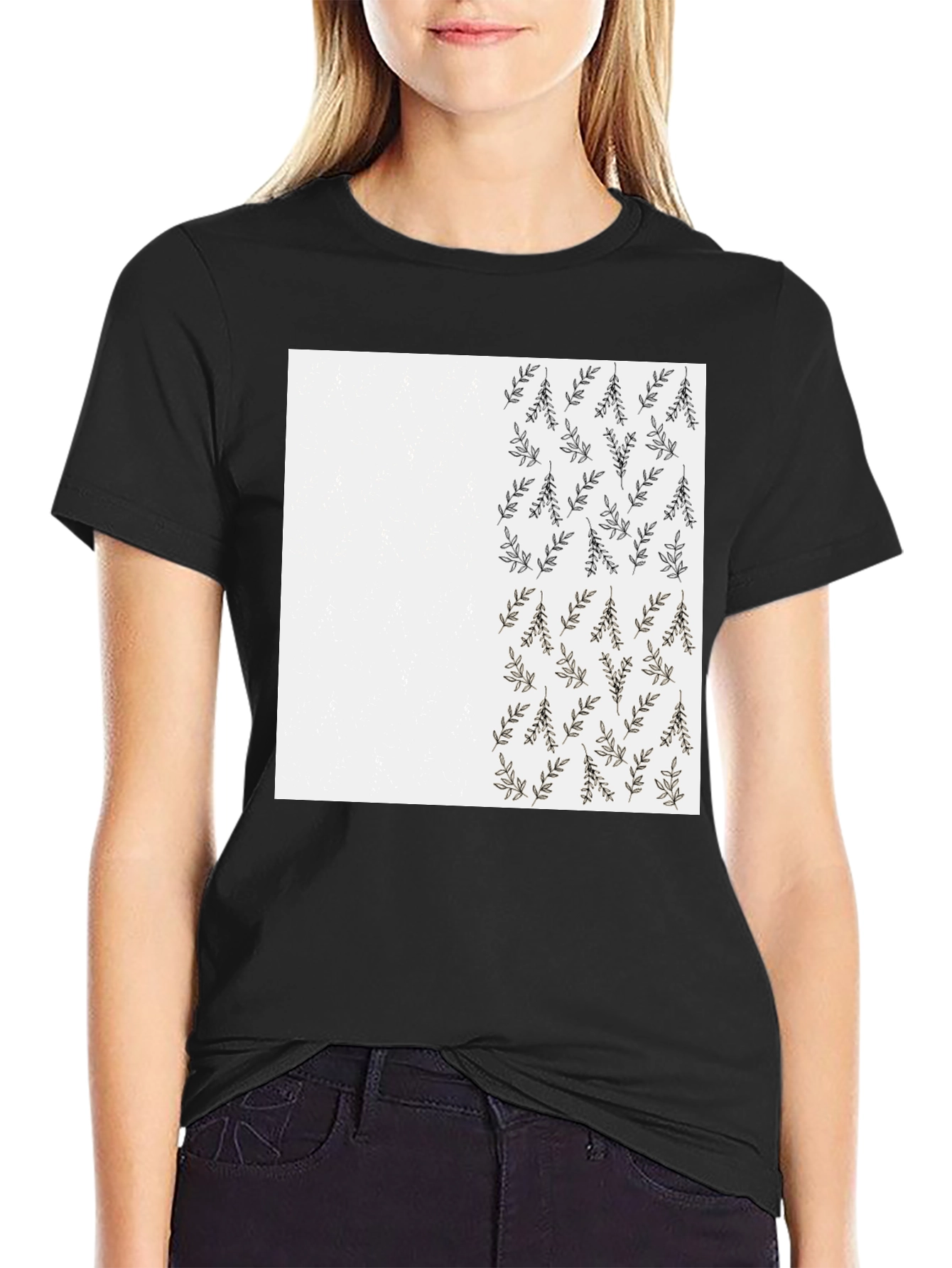 Leaf Print Black Casual T-Shirt