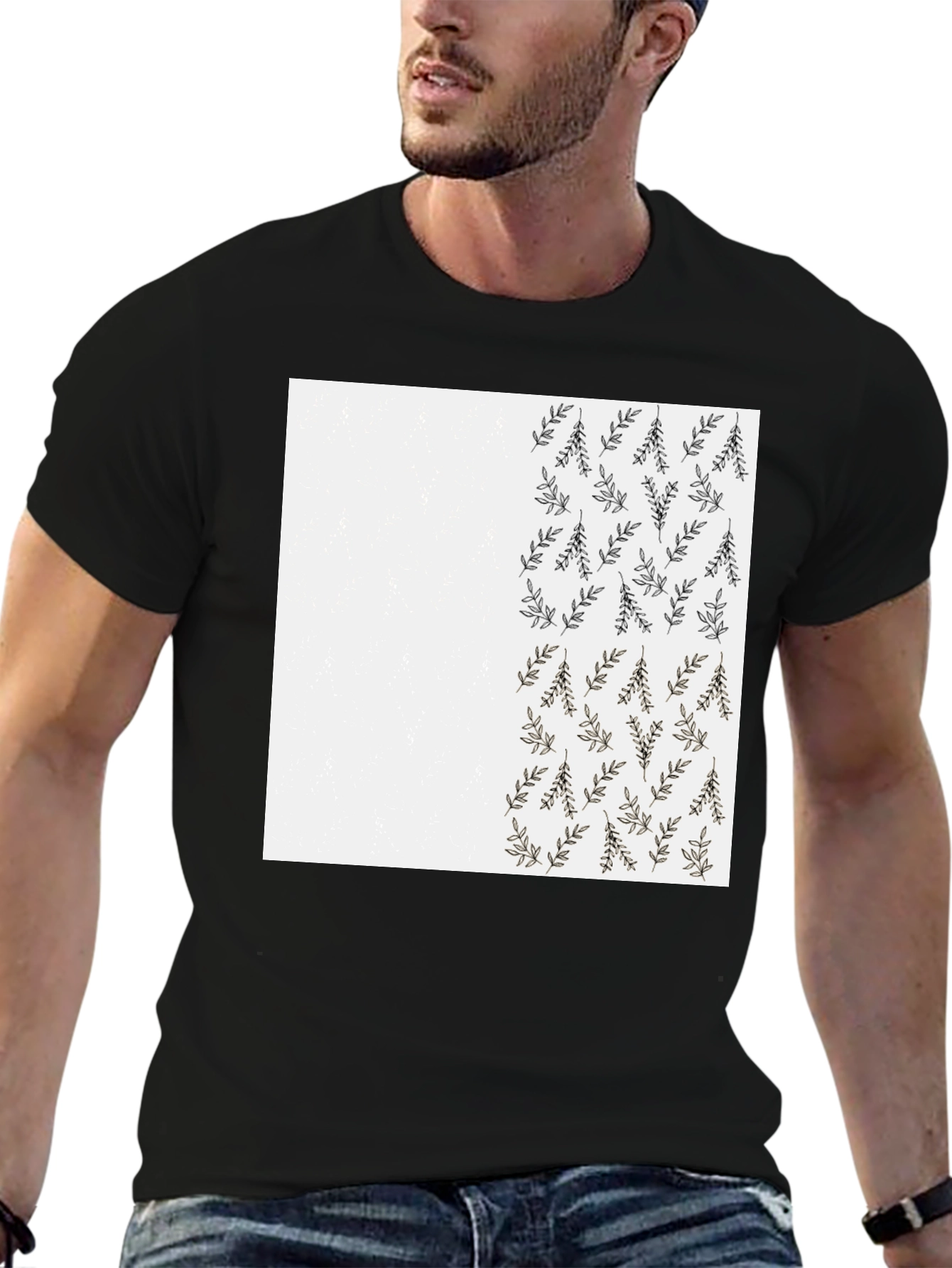 Leaf Print Black Casual T-Shirt