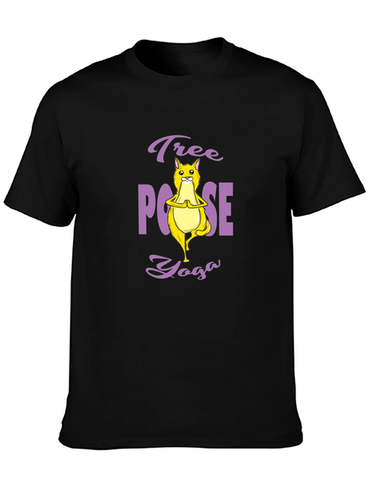 Tree Pose Yoga Cat Graphic Tee - Black Cotton T-Shirt