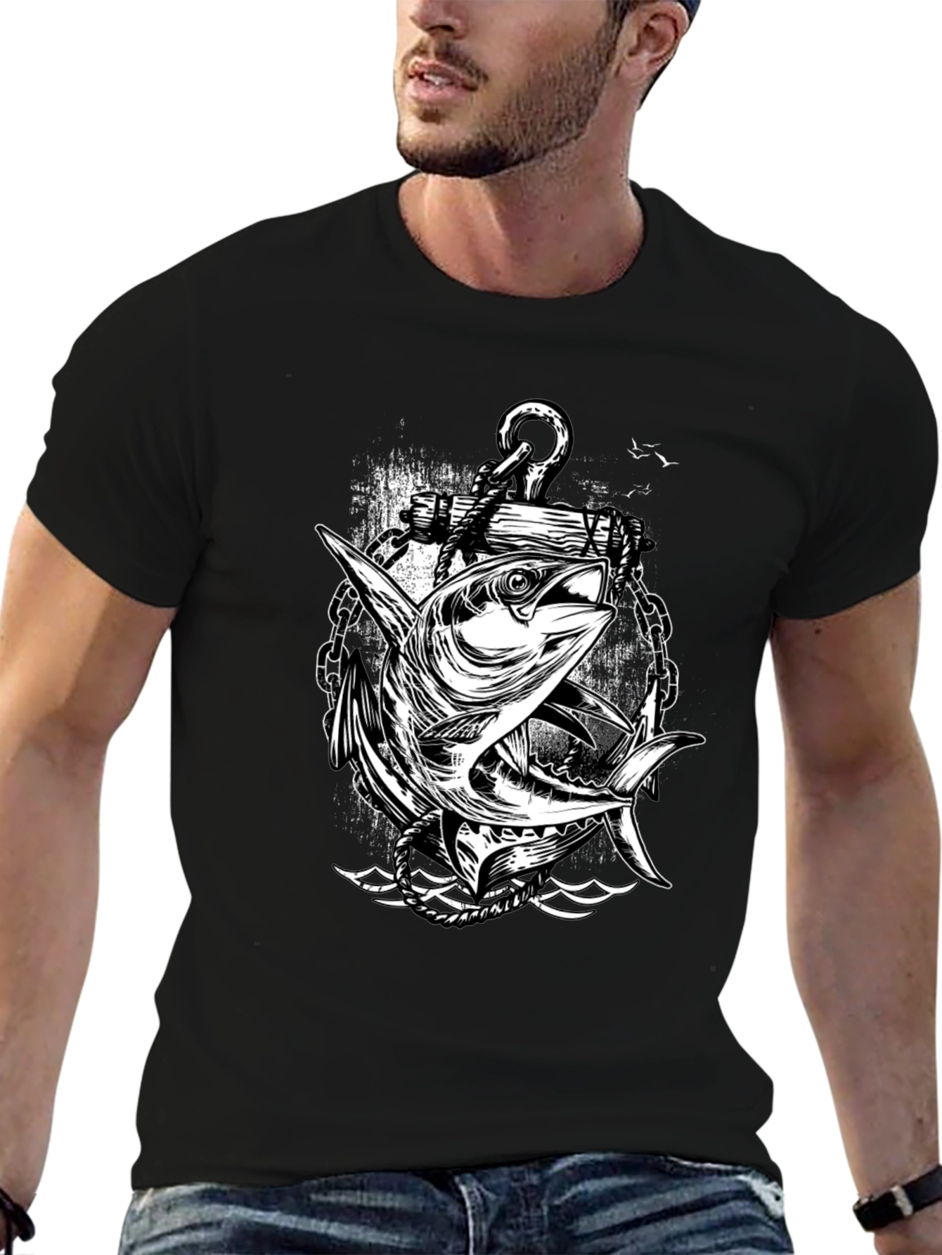 Anchor & Fish Graphic Tee - Black
