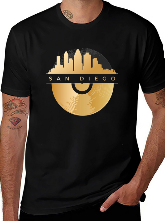 San Diego City Skyline Record Design Black T-Shirt